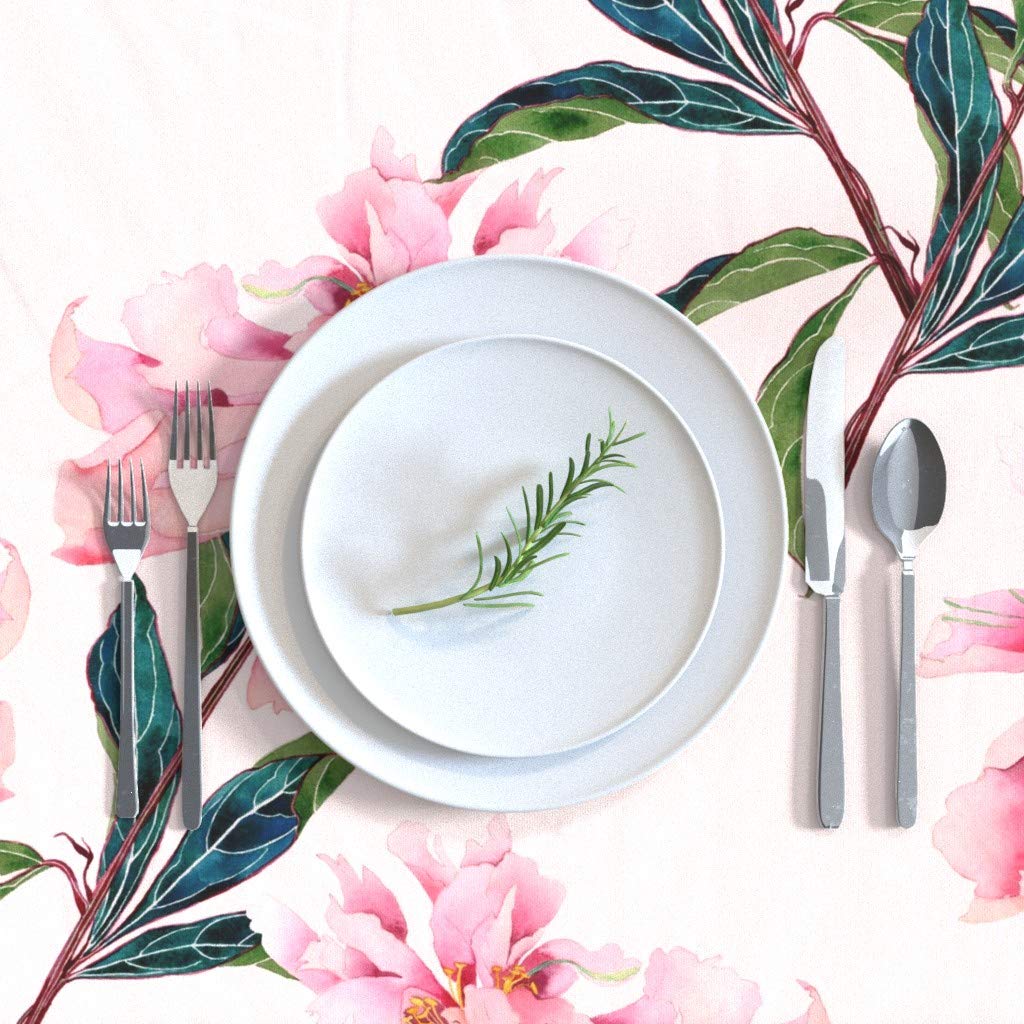 Pink Peonies Floral Watercolor Cotton Sateen Tablecloth 70