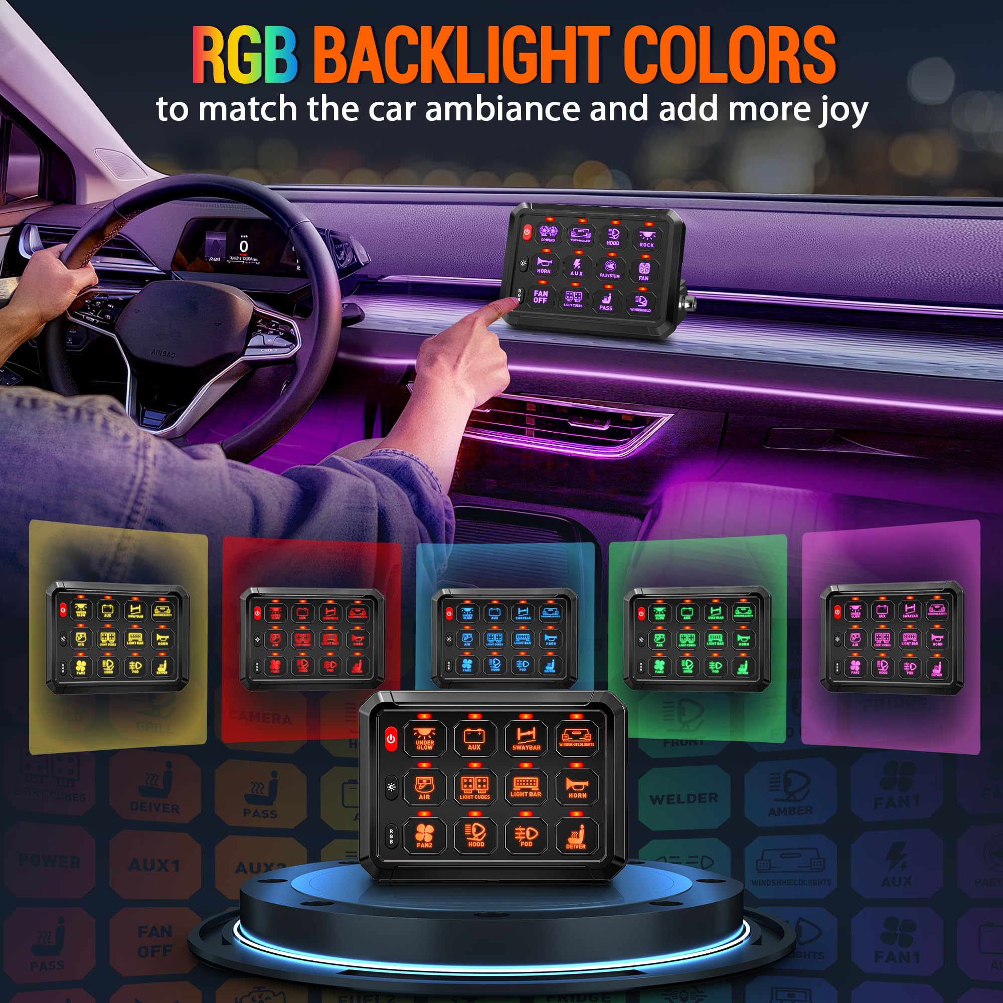 12 Gang Universal Switch Panel with LED & Touch Control - Waterproof Circuit Relay System for Cars, Boats, Trucks, UTVs & ATVs - Perfect for Off-Road, Marine & RV Lighting Control