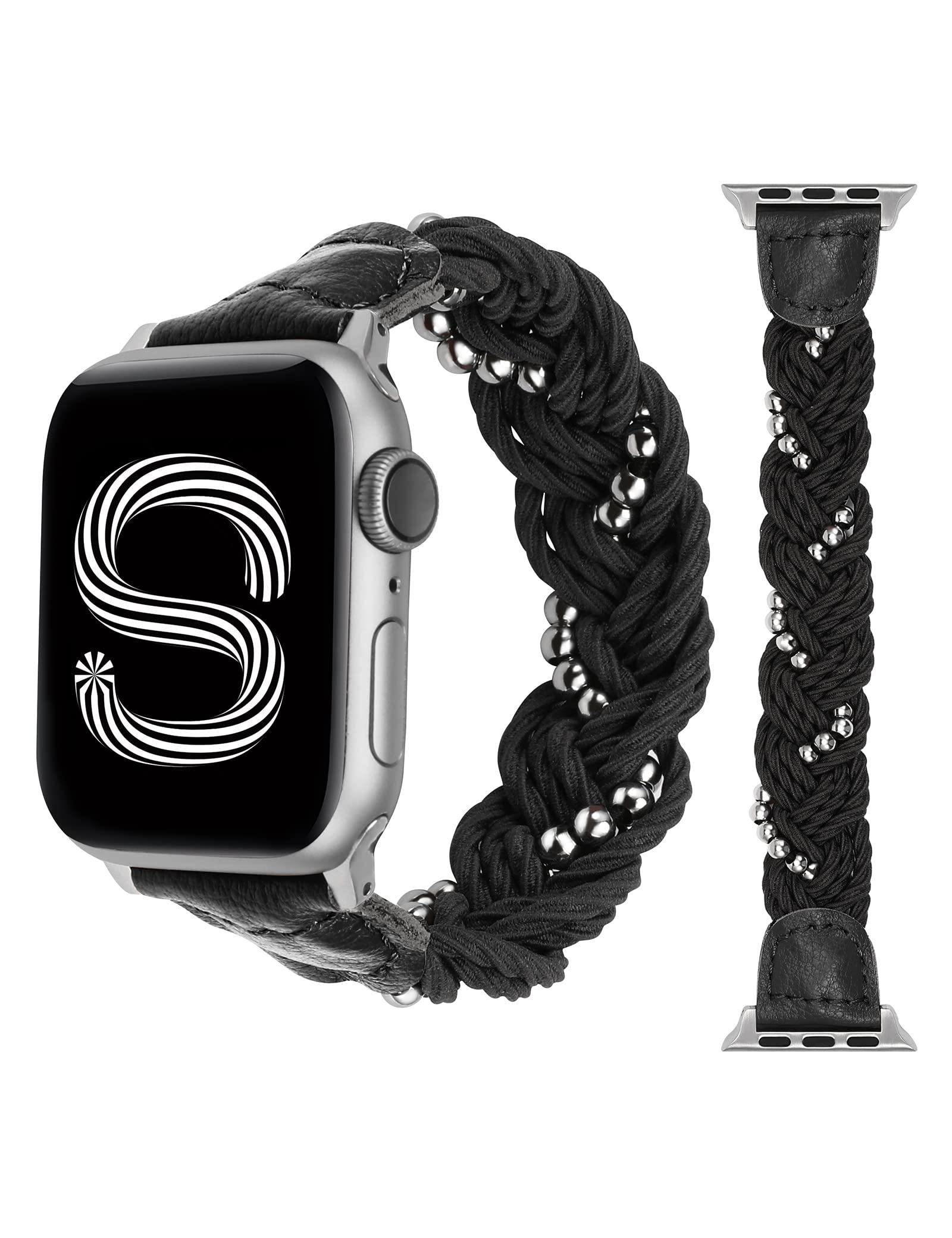 Braided Stretchy Solo Loop Apple Watch Band - Compatible with 38mm/40mm/41mm iWatch Series SE/8/7/6/5/4/3/2/1 - Beaded Elastic Woven Strap Replacement Bracelet for Women - Perfect for Workouts, Yoga & Everyday Wear