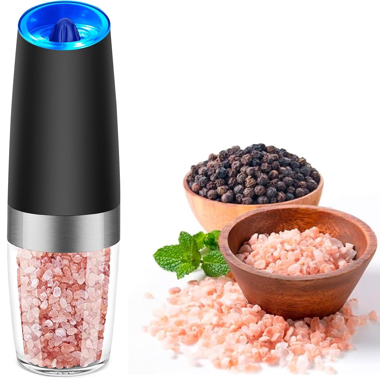Premium Electric Pepper and Salt Grinder Set - Battery Powered Automatic Mill with Adjustable Coarseness & LED Light - One-Hand Operation for Kitchen, Dining Table, Camping & Outdoor Cooking