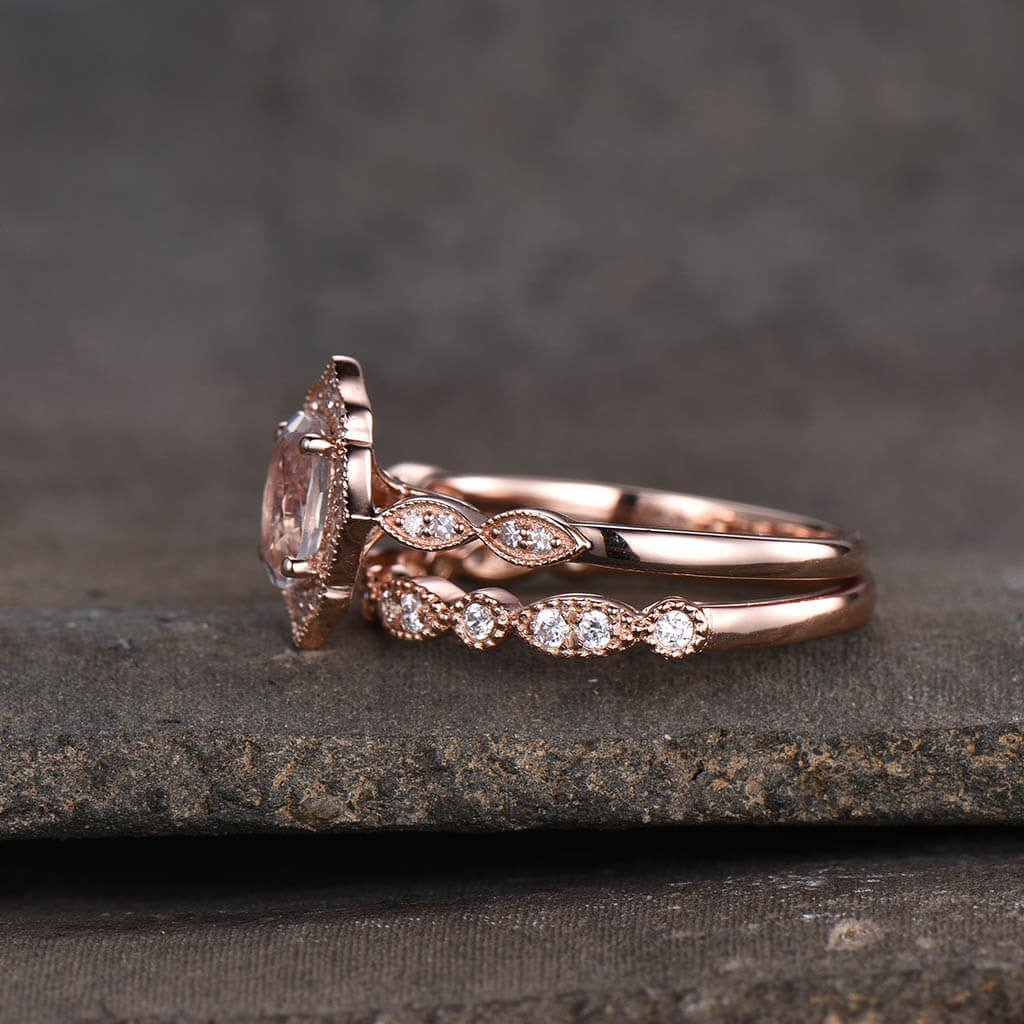 14K/18K Rose Gold Rainbow Vintage Milgrain Moonstone Diamond Bridal Ring Set - Marquise Wedding Band for Engagement, Anniversary & Special Occasions