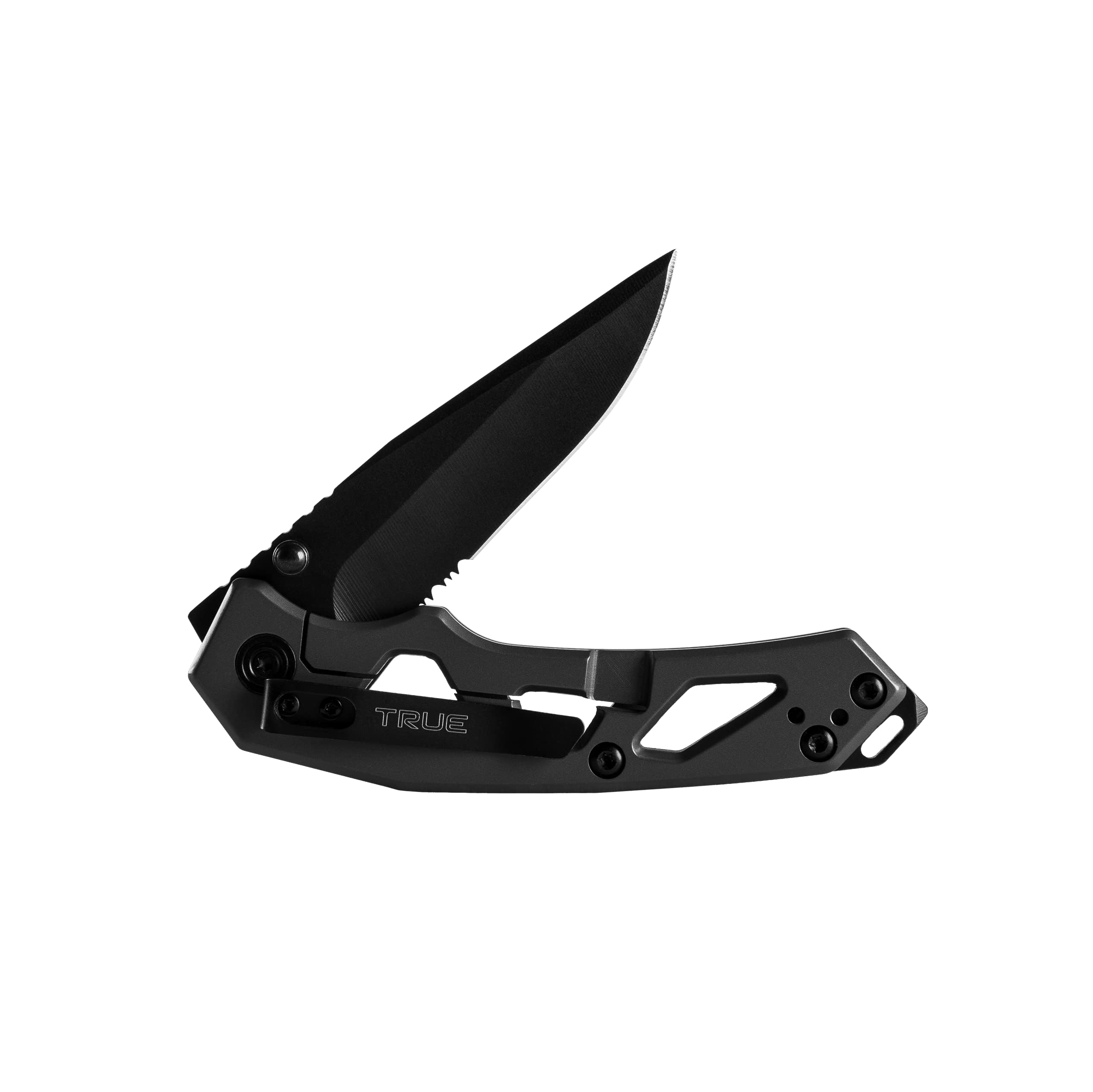 TRUE Tactical Knife - Black Partially Serrated Blade with Lightweight Handle, Glass Breaker & Pocket Clip | Survival, Camping, EDC & Outdoor Activities Knife