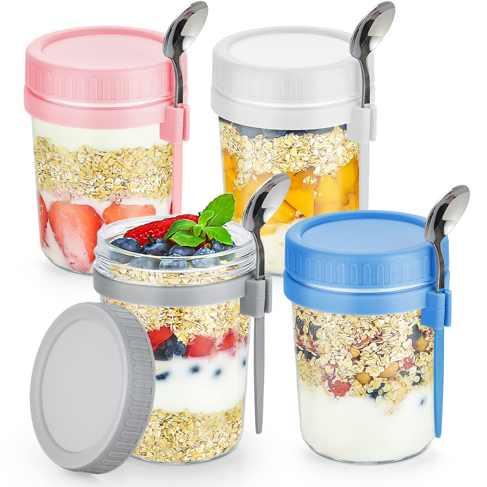 DRKIO 4 Pack 16 Oz Glass Mason Jars with Lids & Spoons - Leak Proof Overnight Oats Containers for Meal Prep, Perfect for Cereal, Yogurt, Fruit, Salad, Vegetables & Milk Storage - Ideal for Breakfast, Office Lunch & Healthy Snacks On-The-Go