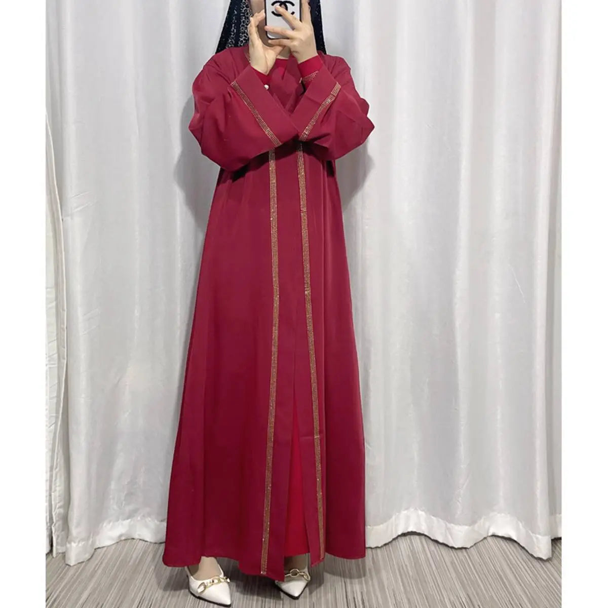 Hotfix Rhinestone Trim Muslim Women's Cardigan Open Abaya Dress - Elegant Islamic Fashion for Prayer, Wedding & Special Occasions