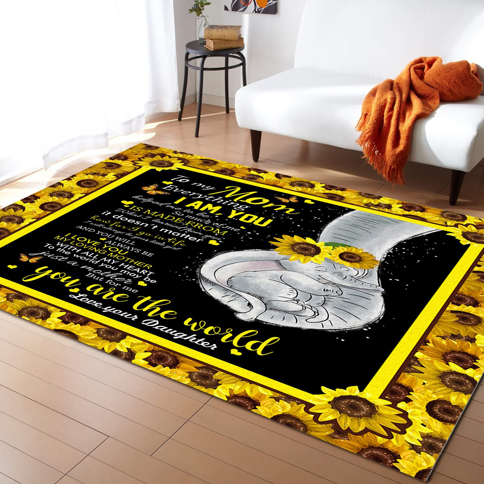 5'x8' Washable Area Runner Rug - Vintage Brown with Yellow Sunflower Border - Indoor/Outdoor Carpet for Kitchen, Living Room, Bathroom, Bedroom, Classroom & Laundry Room - Perfect Mother's Day Gift & Baby Elephant Decor Doormat