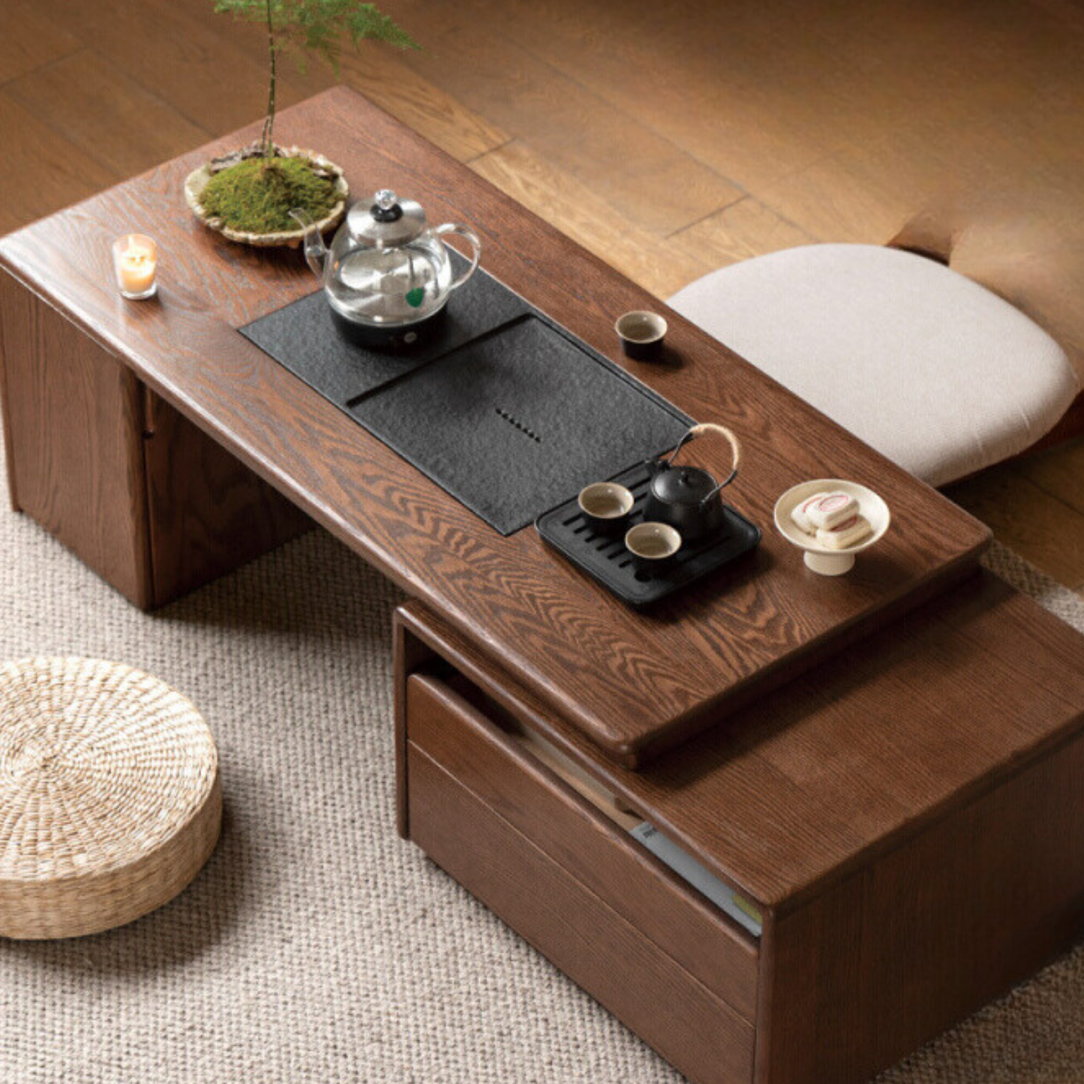 Solid Oak & Black Walnut Retractable Modern Coffee Table - Expandable Dining Table for Small Spaces, Perfect for Living Room, Studio Apartments & Office Use