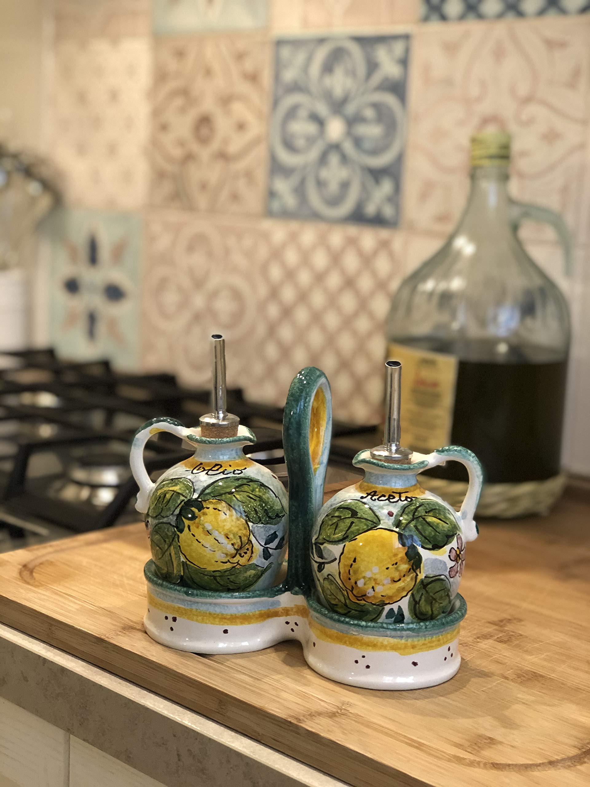Italian Ceramic Oil and Vinegar Cruet Set - Hand Painted Tuscan Lemon Design, Artisanal Pottery Made in Italy | Perfect for Kitchen Decor, Dining Table Centerpiece, and Gift Giving