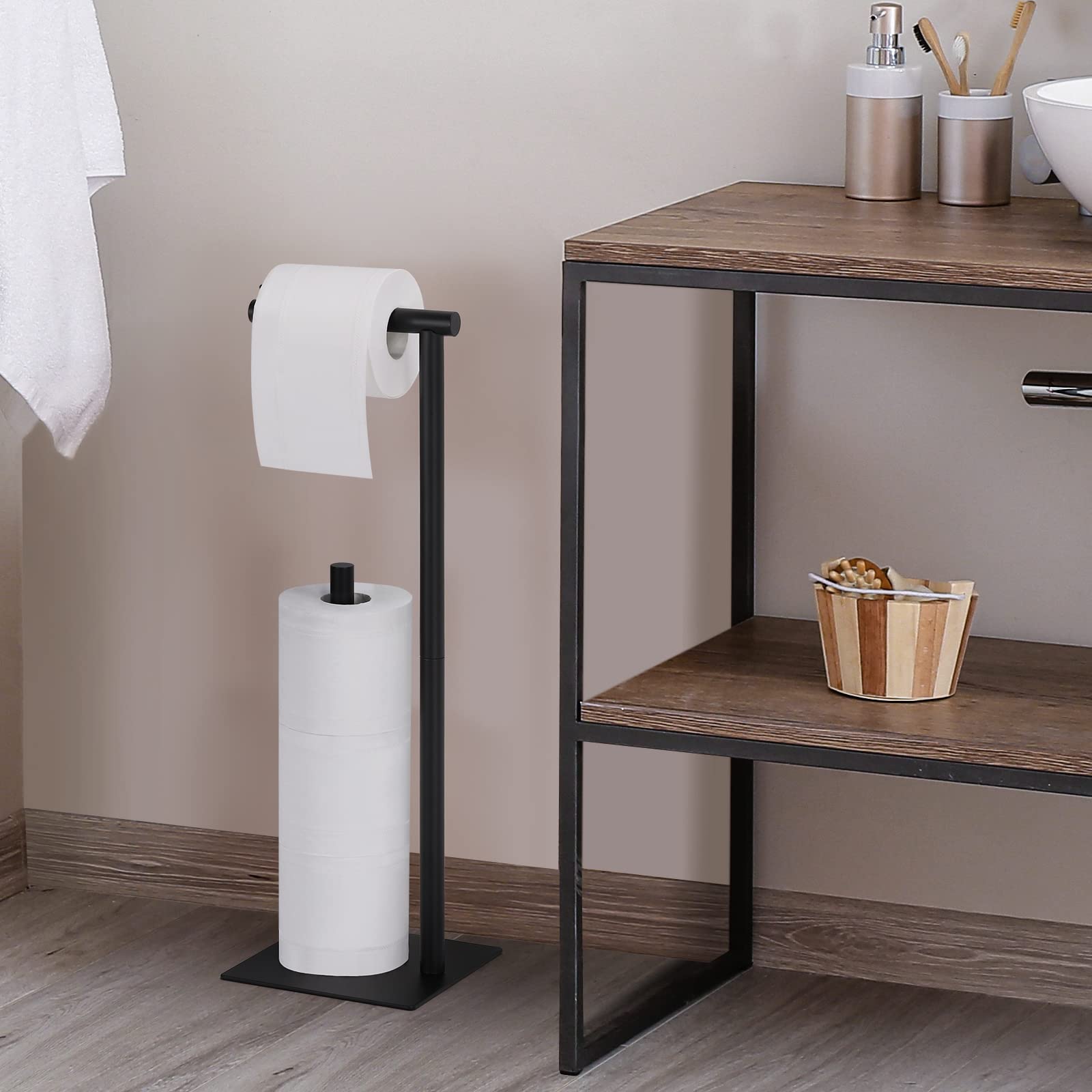 Black Free Standing Toilet Paper Holder with Square Base - Bathroom Tissue Roll Dispenser & Organizer for Lavatory, Home, Office, and RV Use
