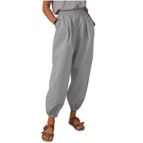 Women's Plus Size Linen Harem Pants with Pockets - Comfortable Casual Loose Fit Trousers in Grey (XXXXL) - Perfect for Yoga, Lounge Wear & Summer Outfits