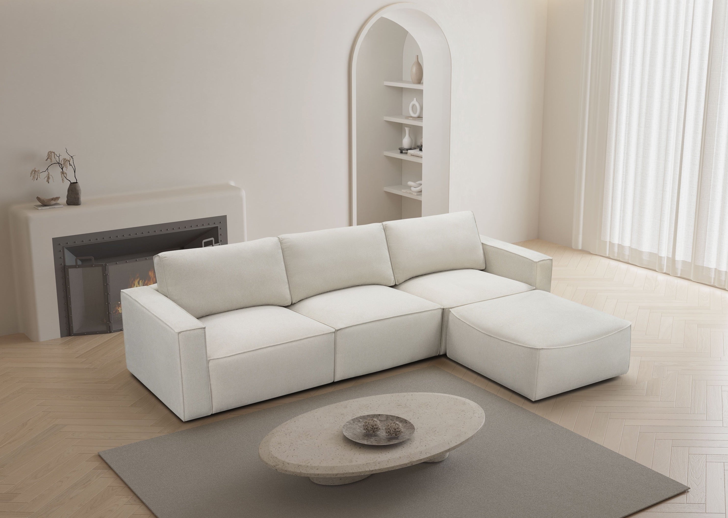 Stylish Maui 3-Seater Sofa with Ottoman in Elk Oat Fabric - Perfect for Living Room, Lounge, and Family Room Comfort
