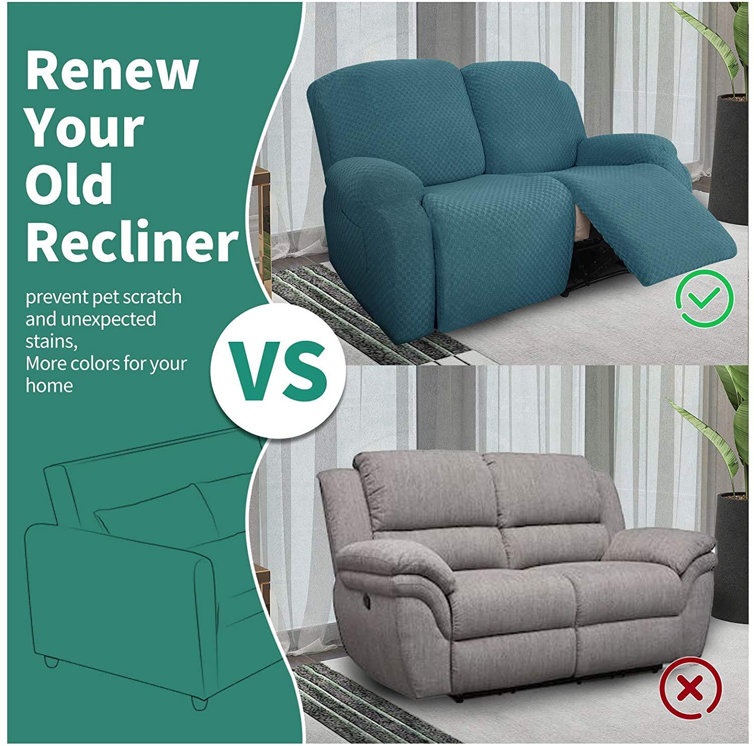 6-Piece Stretch Loveseat Recliner Slipcover - Jacquard Recliner Sofa Cover with Side Pockets, Elastic Bottom Furniture Protector (Peacock Blue) - Perfect for Living Room, Family Room & Home Theater Seating Protection