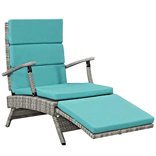Pemberly Row Patio Wicker Lounge Chair - Light Gray & Turquoise Outdoor Furniture for Relaxing in Garden, Poolside or Backyard
