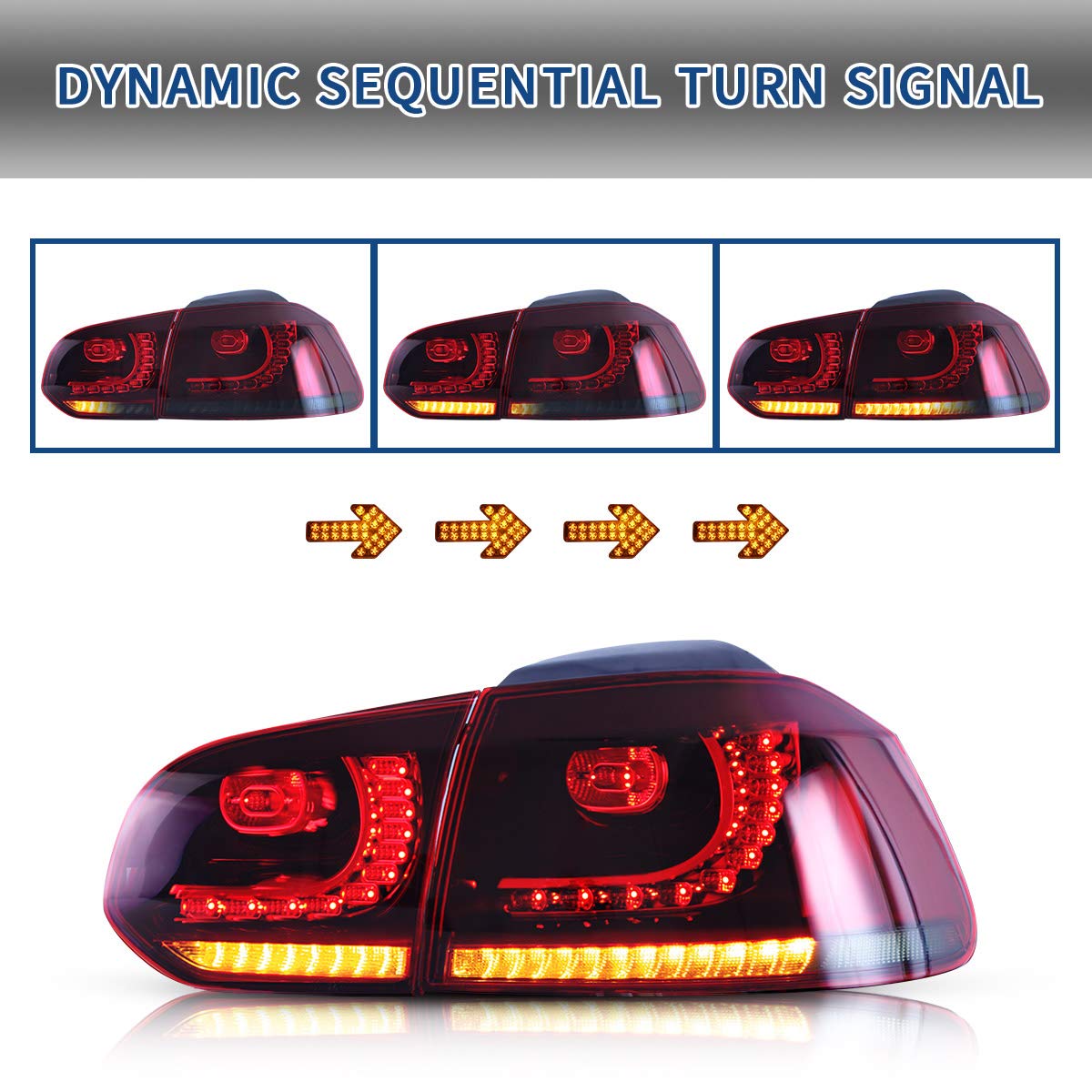 VLAND LED Tail Lights for 2010-2014 VW Golf 6 MK6 GTI & 2012-2013 Golf R - Red & Smoked Lens LED Rear Lamps with Sequential Turn Signals (Excludes Convertible Models) - Perfect for Car Upgrades & Night Driving Safety
