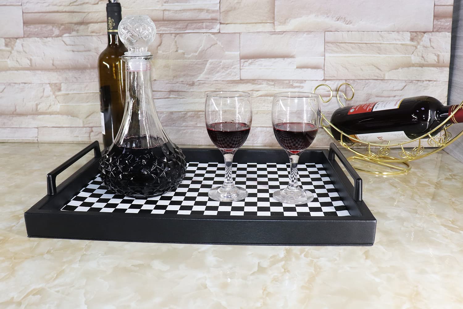 MCBZ Decorative Serving Tray - 16.5 x 12.6 Inch Leather Ottoman Tray with Metal Handles for Coffee Table, Living Room, Bedroom - Black and White Grid Pattern (Perfect for Breakfast in Bed, TV Snacks & Home Decor)