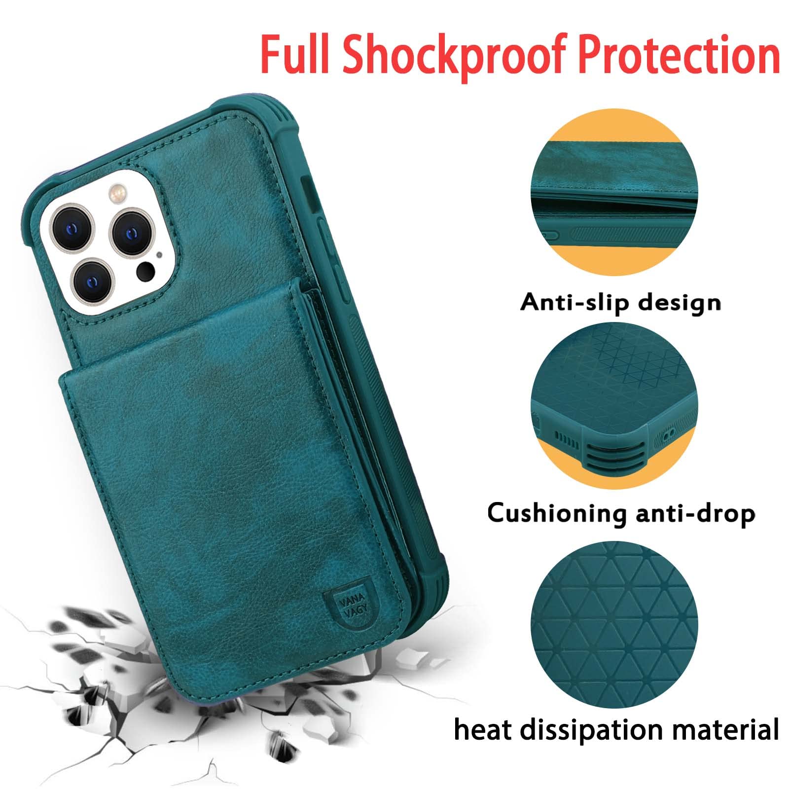 VANAVAGY Leather Magnetic Wallet Case for iPhone 13 Pro Max - Flip Folio Cover with Credit Card Holder & Coin Pocket (Midnight Green) | Compatible for Women & Men | Perfect for Business, Travel & Daily Use