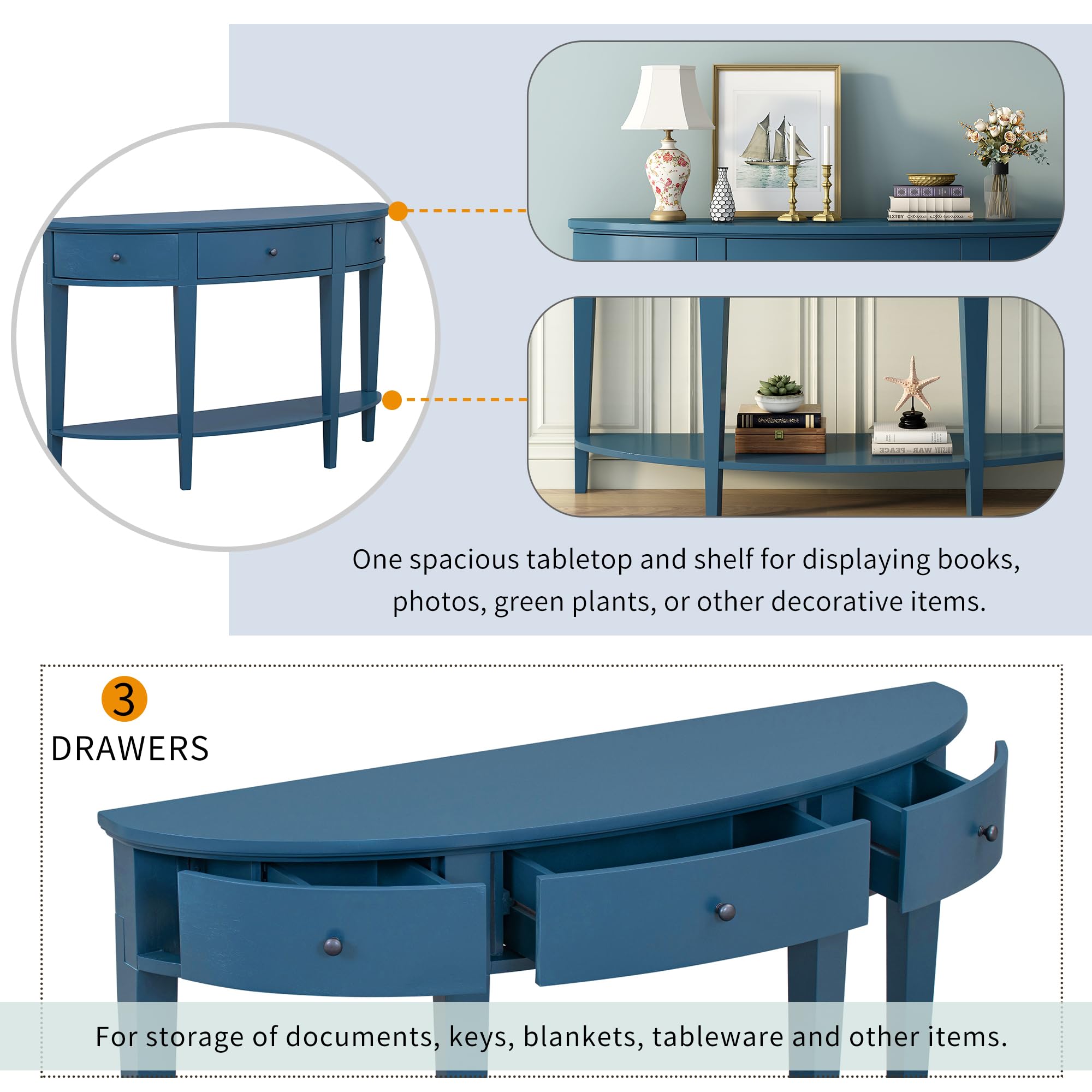 PURLOVE Modern Curved Console Table with Drawer - Solid Wood Entryway Table with Open Shelf for Hallway, Living Room & Foyer - Navy Blue Home Decor for Small Spaces & Apartment Entryways