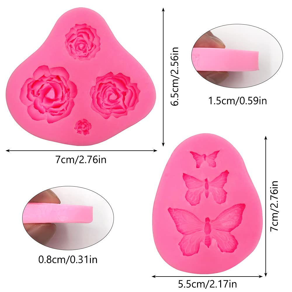 4 Pack Fondant Molds - Butterfly & Rose Silicone Molds Set for Chocolate, Cake Decorating, Polymer Clay, Soap Making - DIY Baking & Crafting Supplies for Weddings, Parties & Home Decor Projects