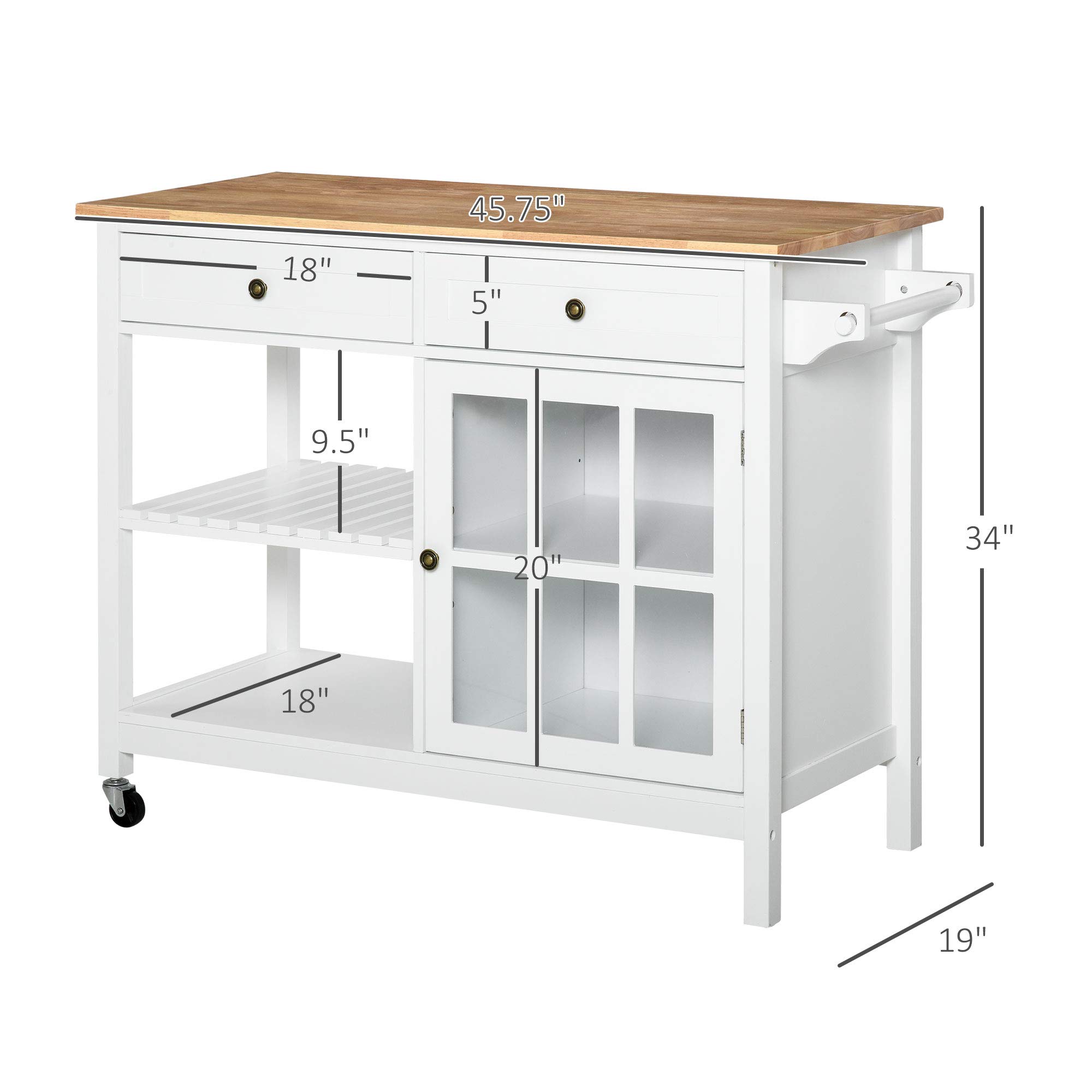 HOMCOM White Rolling Kitchen Island with Storage - Solid Wood Top, Glass Door Cabinet, Adjustable Shelf, Towel Rack & 2 Drawers - Perfect for Small Kitchen, Dining Room & Apartment Cooking Space