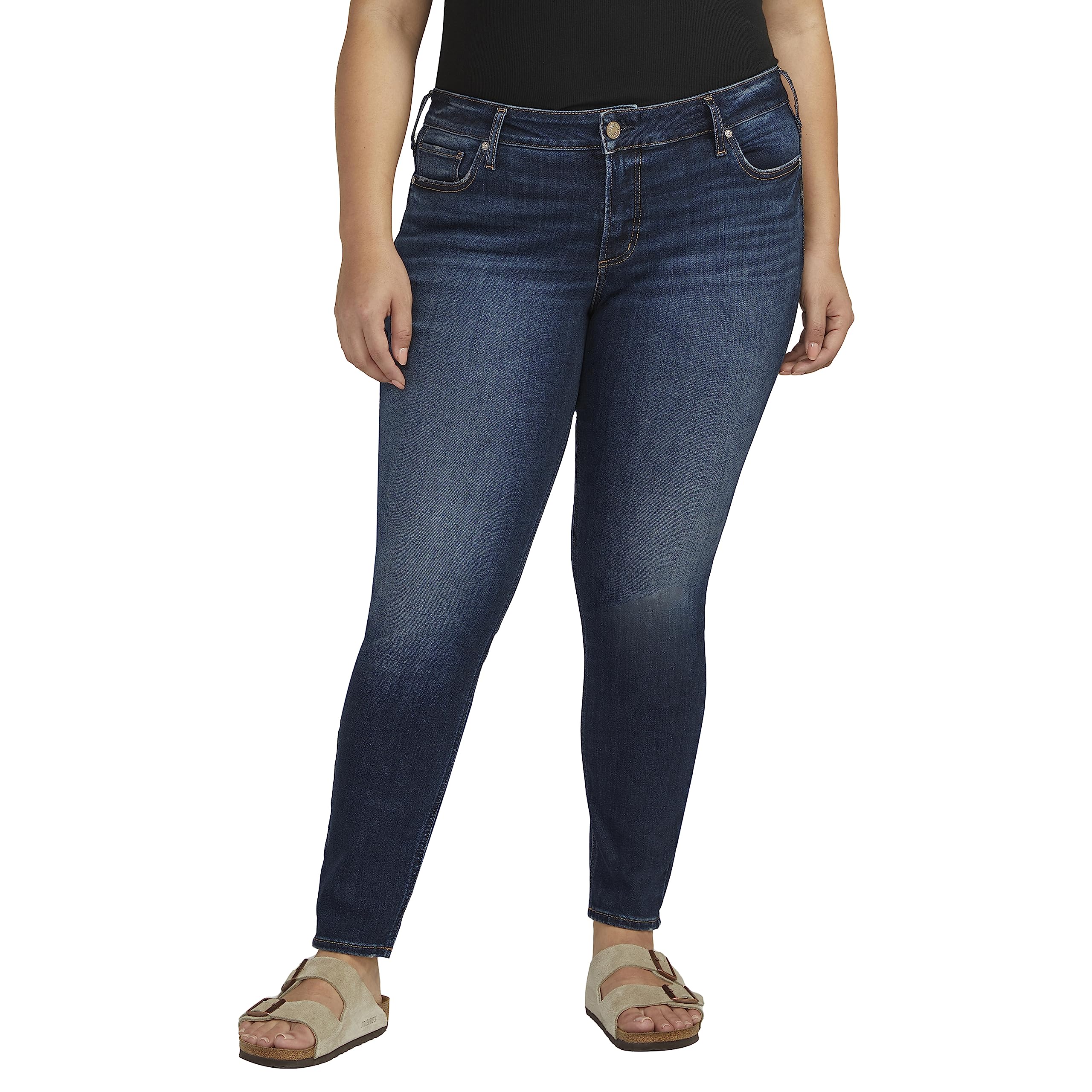 Silver Jeans Co. Women's Plus Size Elyse Mid Rise Comfort Fit Skinny Jeans - Stretchy & Flattering Denim for Curvy Women | Perfect for Casual Wear, Office & Date Nights