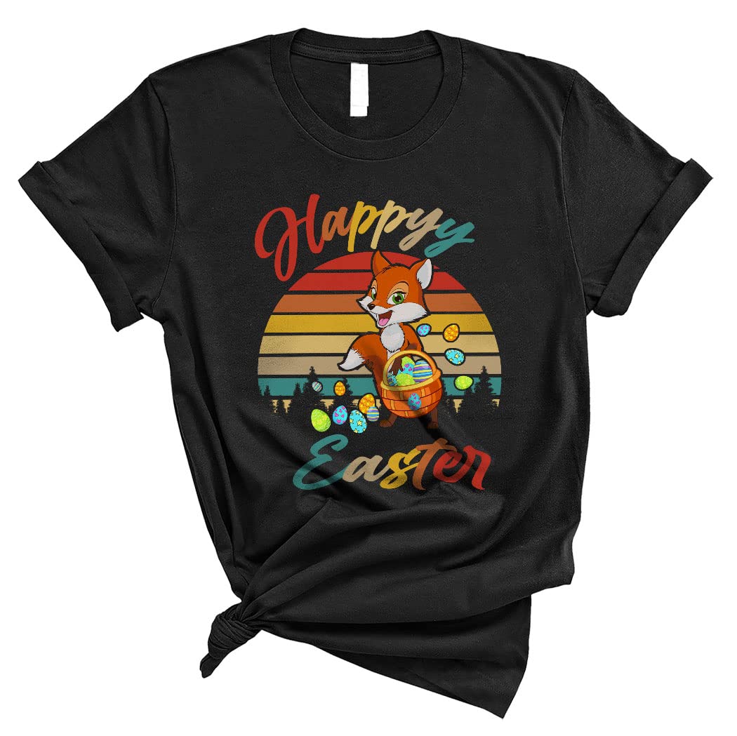 Vintage Retro Happy Easter Cute Bunny Fox Easter Eggs Hunting Basket T-Shirt for Men & Women - Perfect for Easter Celebrations, Egg Hunts, and Spring Festivals