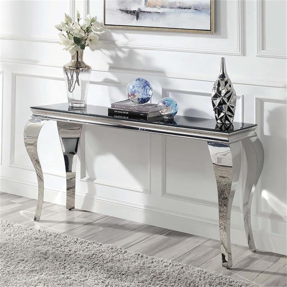 Furniture of America Alang Glam Glass Top Sofa Table - Black & Silver Finish - Modern Living Room & Lounge Accent Table