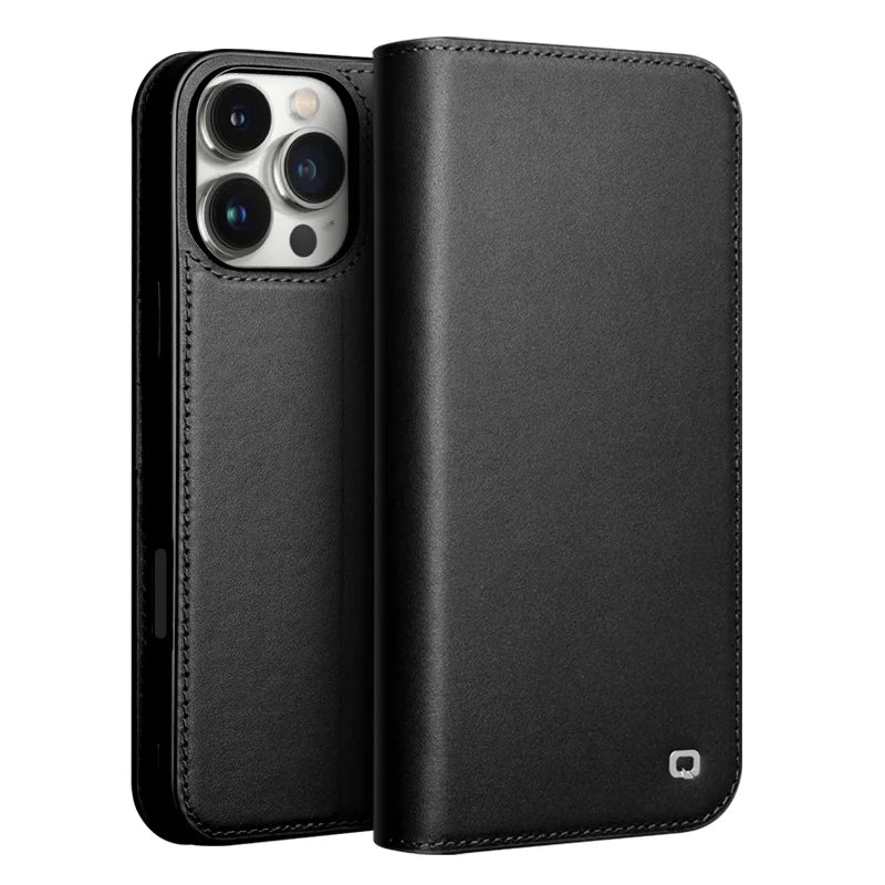 QIALINO Genuine Leather Wallet Case for iPhone 16 Pro - Handmade Premium Leather Phone Cover with Card Slots | Perfect for Everyday Use, Travel & Business (Black/Brown)