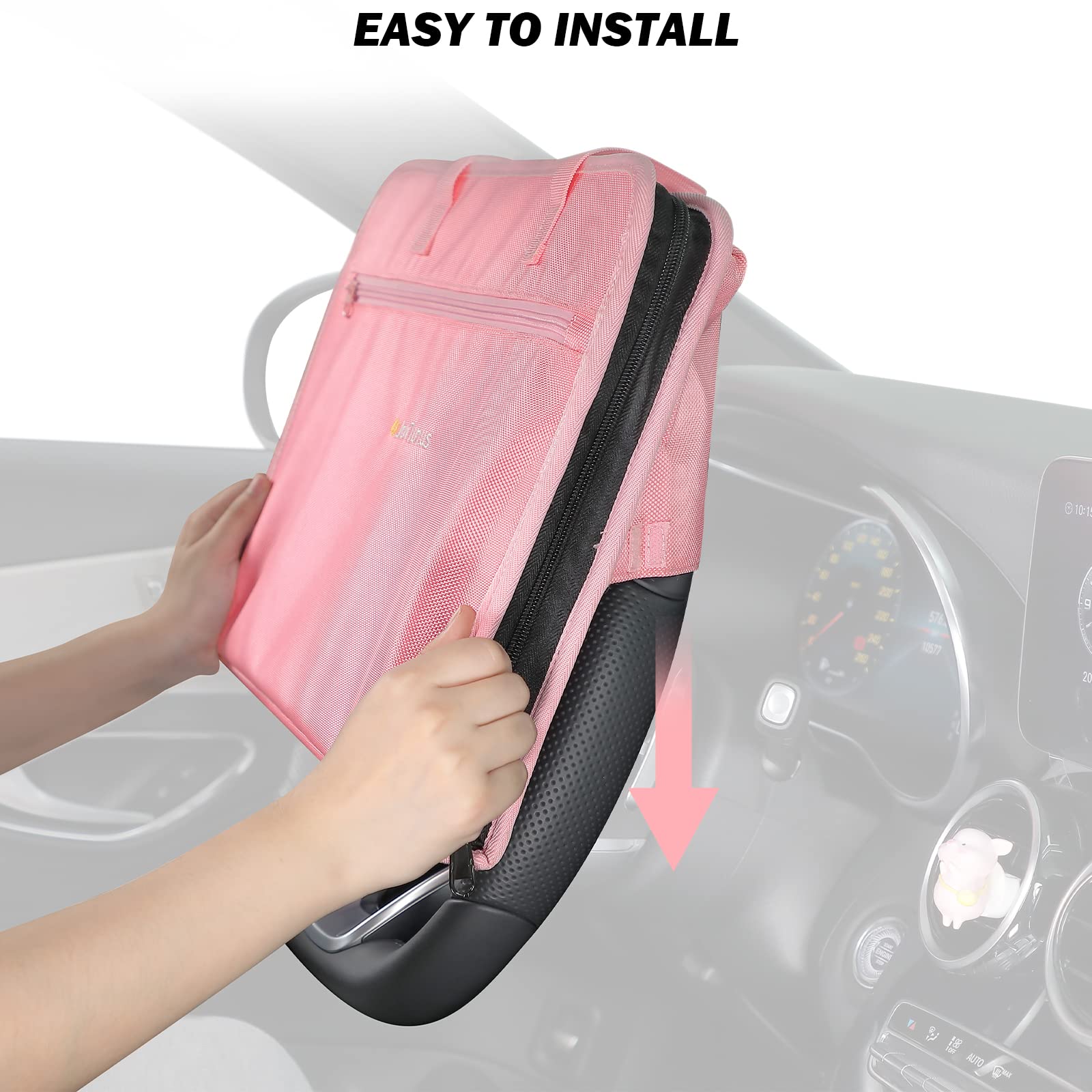 JOYTUTUS 3-in-1 Car Steering Wheel Tray - Pink Multifunctional Car Desk for Eating, Working & Organizing | Portable Laptop Table for Backseat, Kids & Commuters | Perfect for Road Trips, Office Work & Family Travel