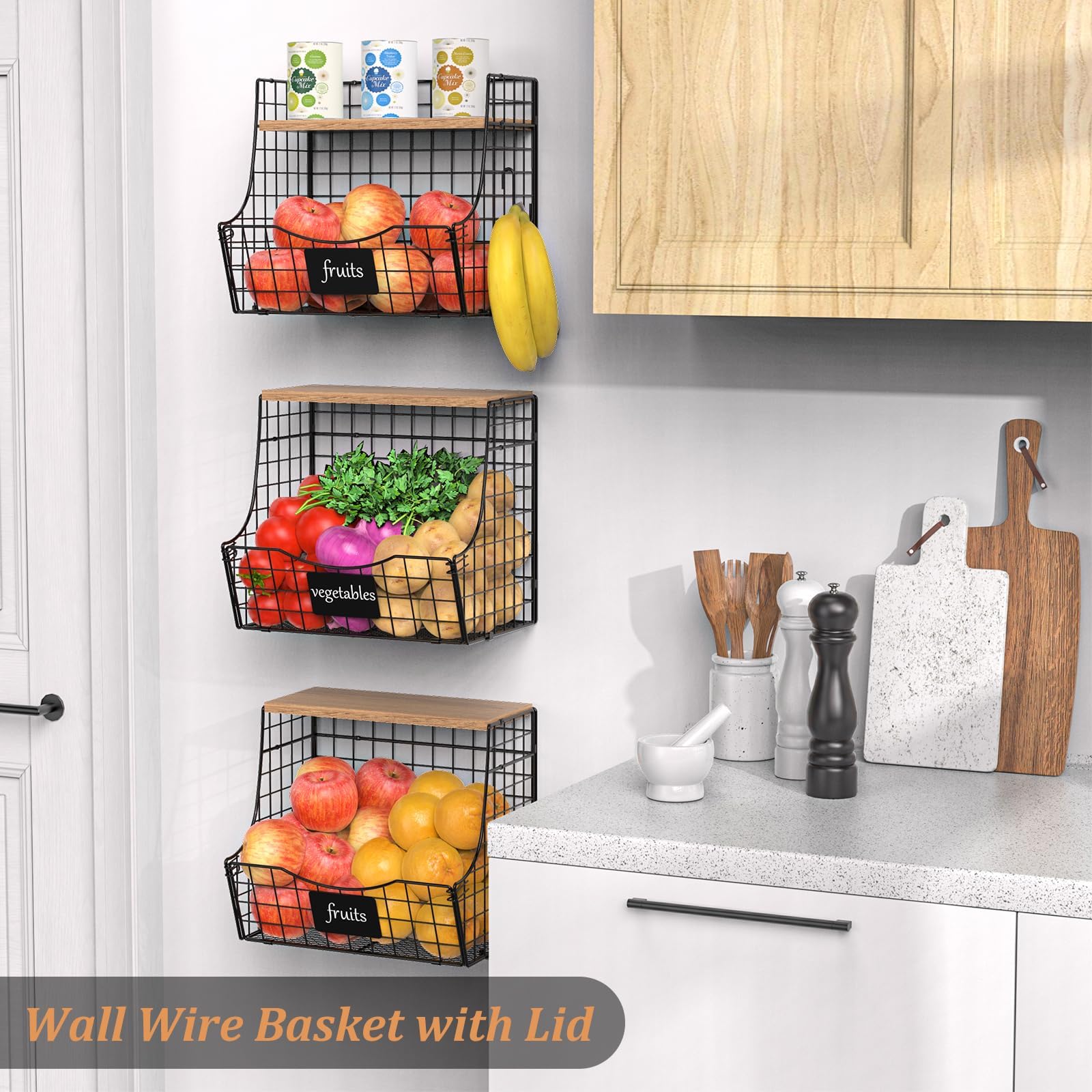 3 Pack Wooden Fruit Basket with Lid - Stackable Wall Mounted Kitchen Storage for Onions, Potatoes & Produce - Hanging Wire Baskets for Countertop & Pantry Organization - Perfect for Farmhouse & Modern Kitchens