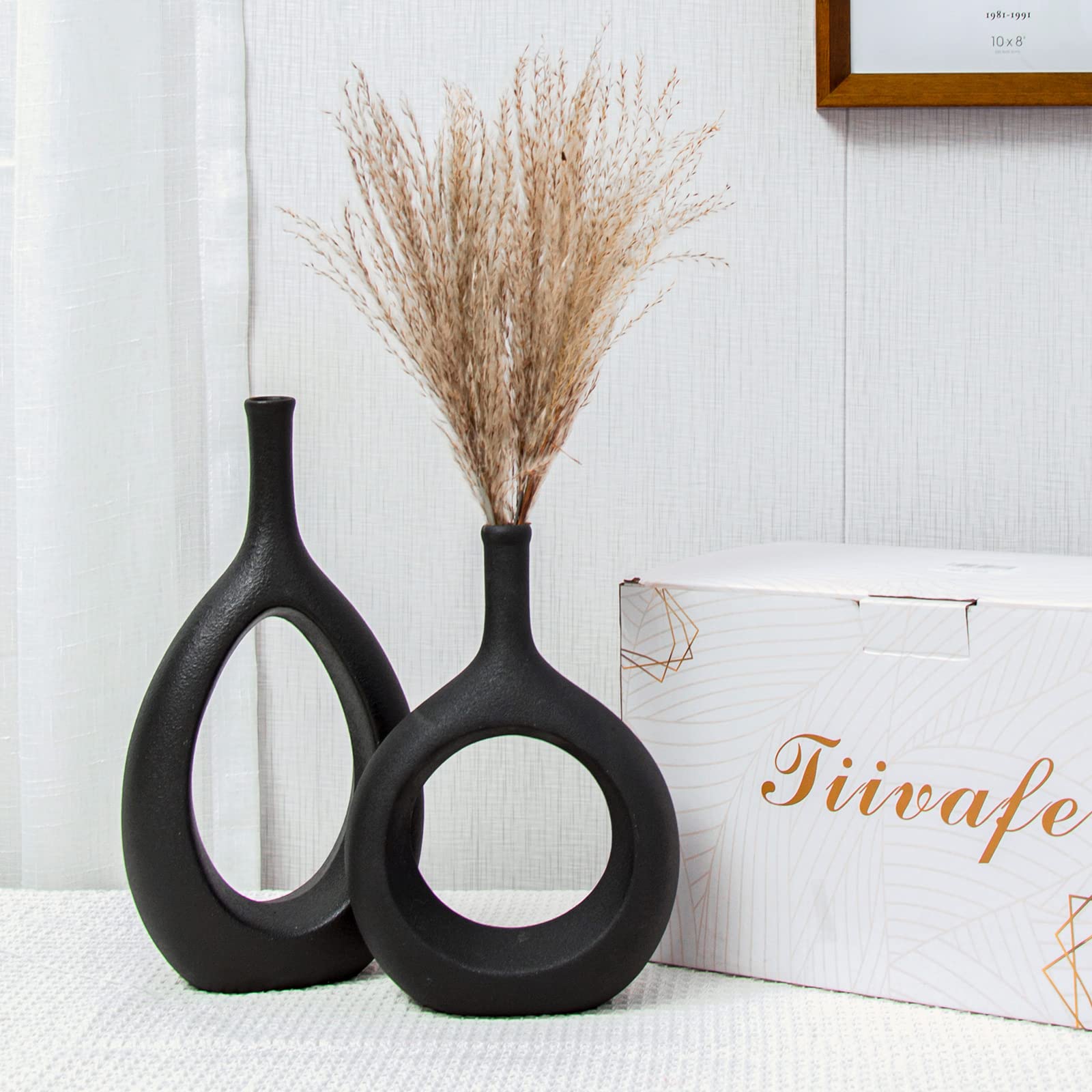 Black Ceramic Hollow Vases Set of 2 - Matte Frosted Textured Oval Flower Vases for Home Decor, Modern Centerpiece, Holiday Gift for Friends | Perfect for Dining Table Decor, Wedding Centerpieces & Living Room Accents