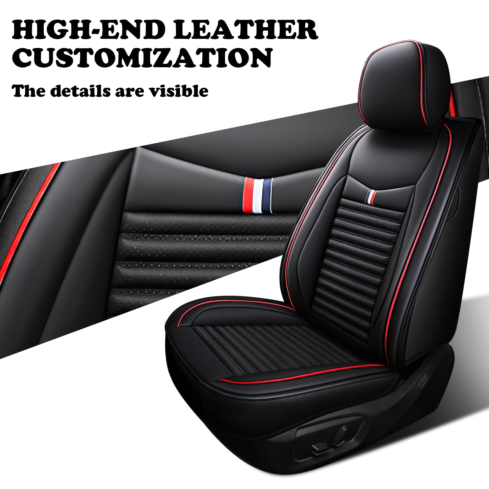 Premium Leather Car Seat Covers for Jeep Renegade 2015-2023 - Universal Anti-Slip Design Fits Most Cars, Sedans, SUVs & Trucks (Black Red Bars) - Perfect for Road Trips, Daily Commutes & Off-Road Adventures