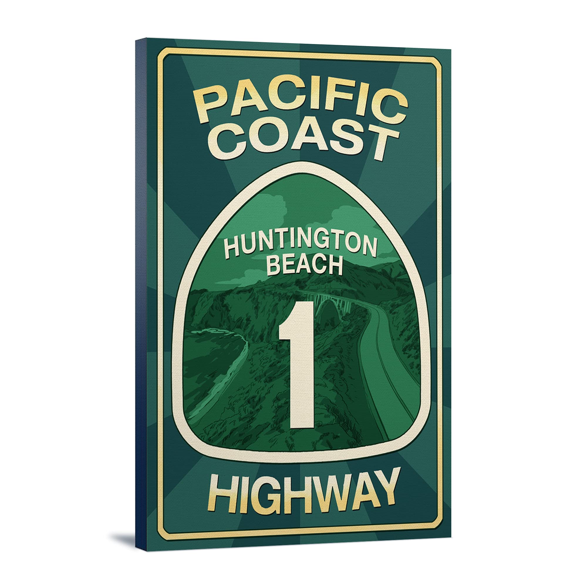 24x36 California Highway 1 Pacific Coast Huntington Beach Sign - Gallery Wrapped Canvas Wall Art for Beach House Decor & Coastal Living Room