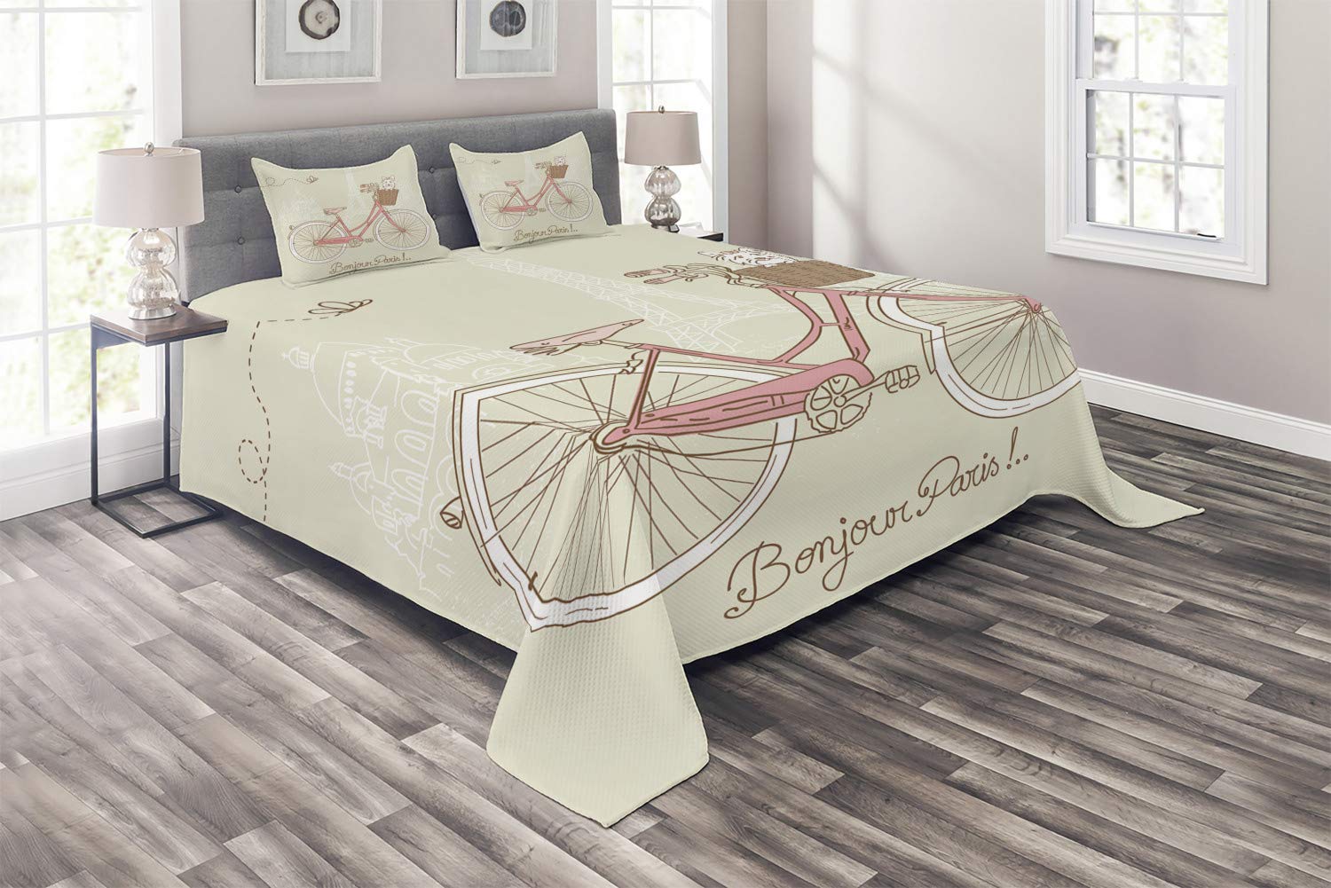 Ambesonne 3-Piece King Size Dog Themed Quilted Bedspread Set with 2 Pillow Shams - Romantic Paris Postcard Design Featuring Dog in Bicycle Basket Illustration, Eggshell & Coral Colors - Perfect for Pet Lovers' Bedroom Decor, Cozy Home Styling and Gift Giving