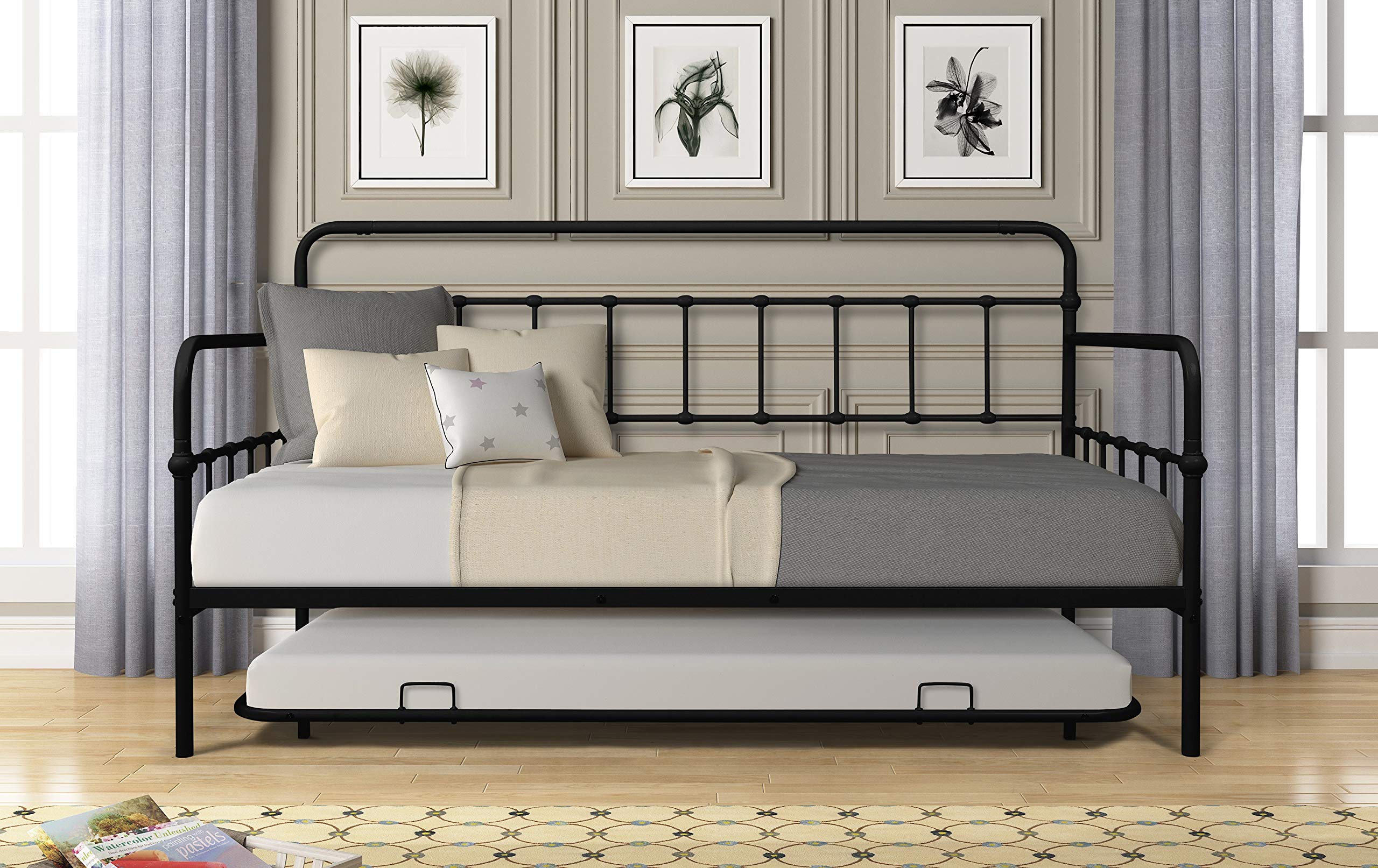 Rhomtree Twin Size Metal Daybed with Trundle - Convertible Sofa Bed Frame & Platform Bed - Space Saving Guest Bed (Black) | Perfect for Small Apartments, Guest Rooms & Dormitories