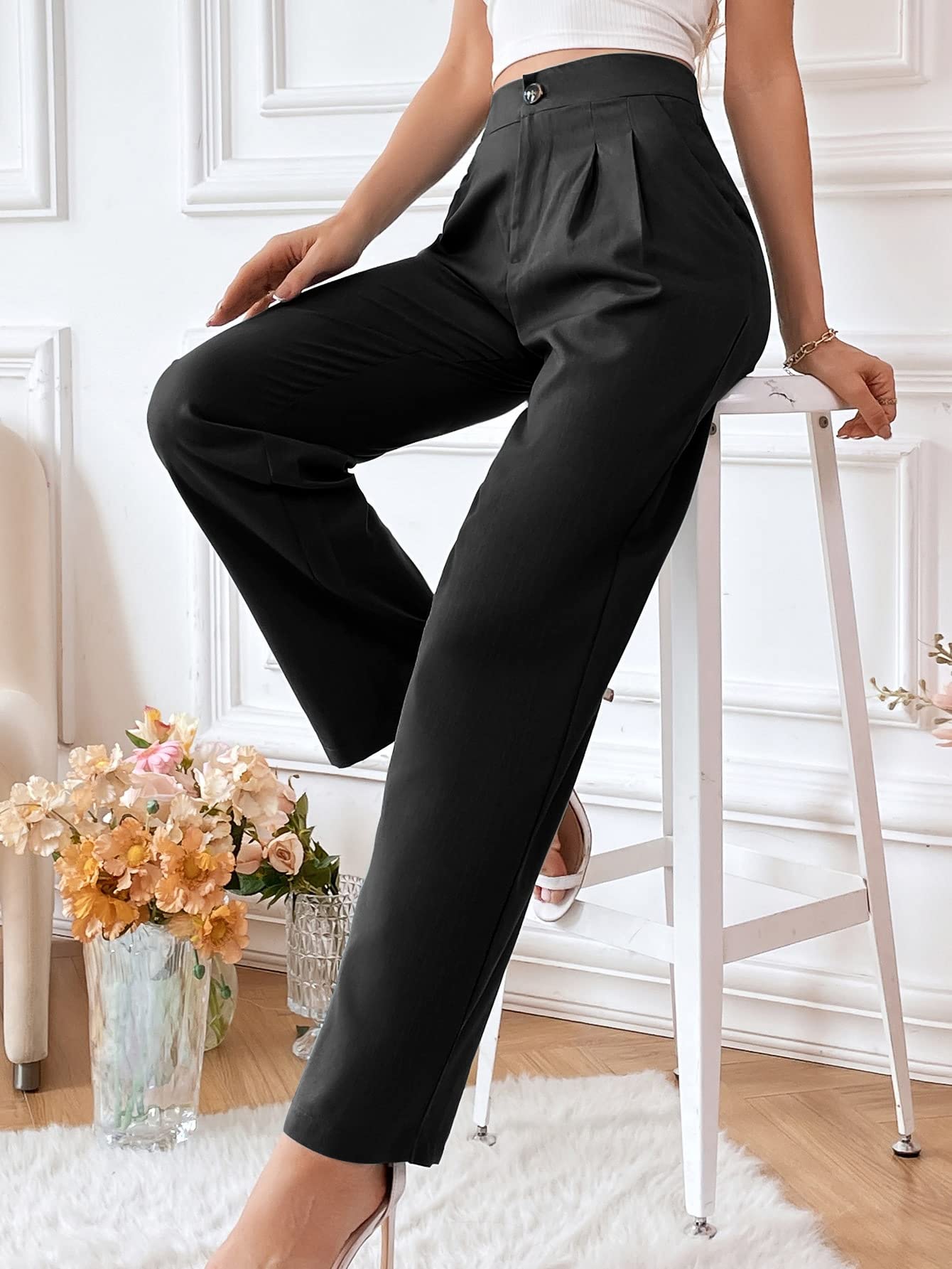 Viatabuna High Waisted Pleated Pants for Women - Work Office & Casual Solid Straight Leg Dress Pants | Perfect for Business Attire, Professional Meetings & Everyday Wear