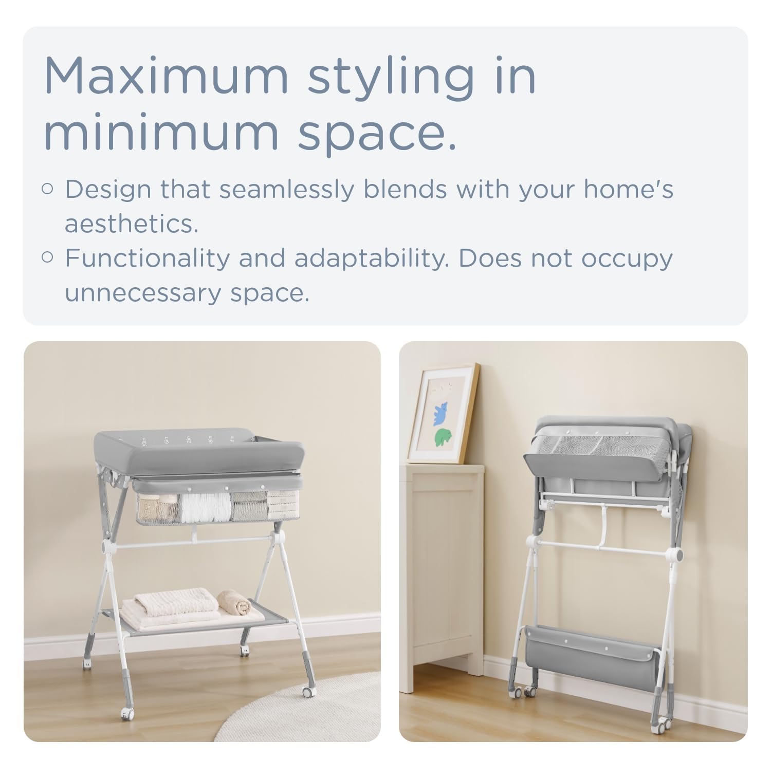 Portable Baby Changing Table with Wheels - Foldable Diaper Changing Station for Nursery, Adjustable Height Toddler Changing Table for Newborn & Infant (Grey) - Perfect for Home, Daycare & Travel Use
