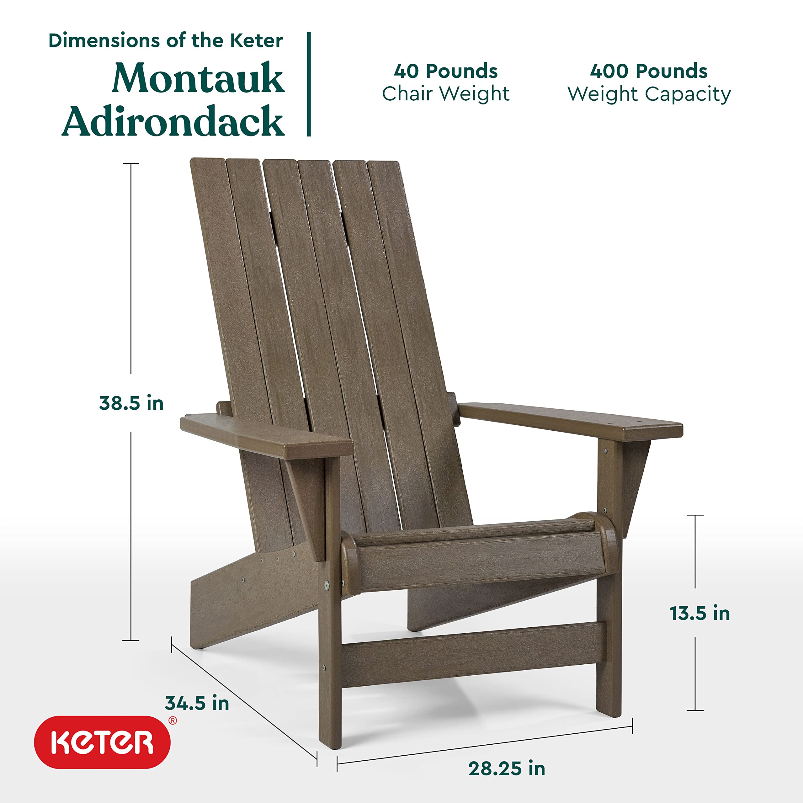 Keter Montauk Weatherproof Adirondack Chair - Durable Outdoor Furniture for Pool, Patio & Fire Pit - Easy Assembly Sturdy Seating in Weatherwood Finish - Perfect for Backyard Relaxation & Outdoor Entertaining