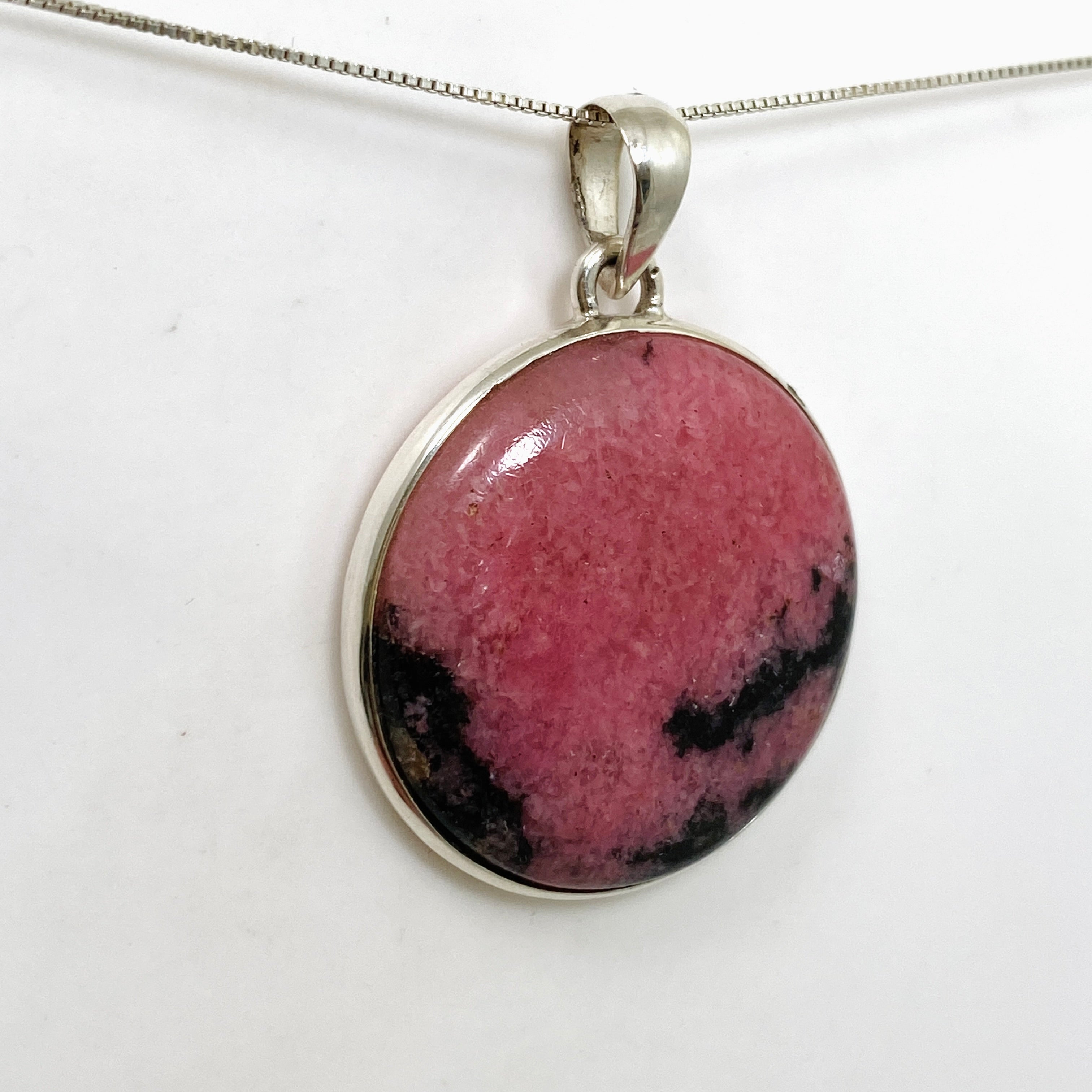 Natural Rhodonite Round Cabochon Pendant - 925 Sterling Silver Jewelry PPGJ1057 for Healing, Meditation & Spiritual Gifts
