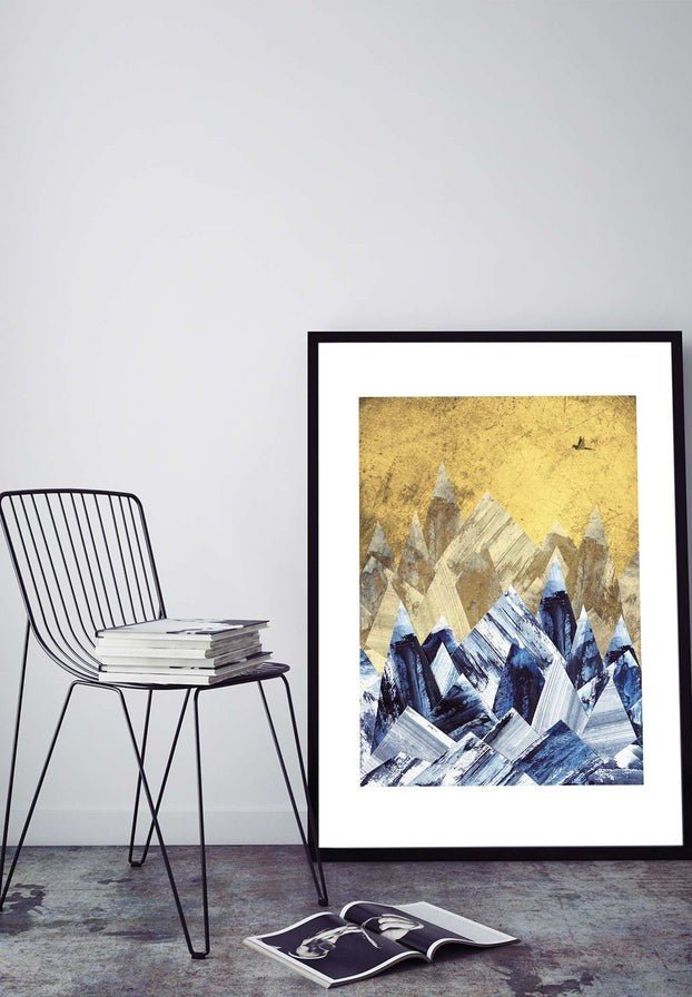 Cutout Mountains Gold Print Wall Art - Modern Abstract Landscape Painting for Home & Office Decor - Perfect for Living Room, Bedroom, or Workspace