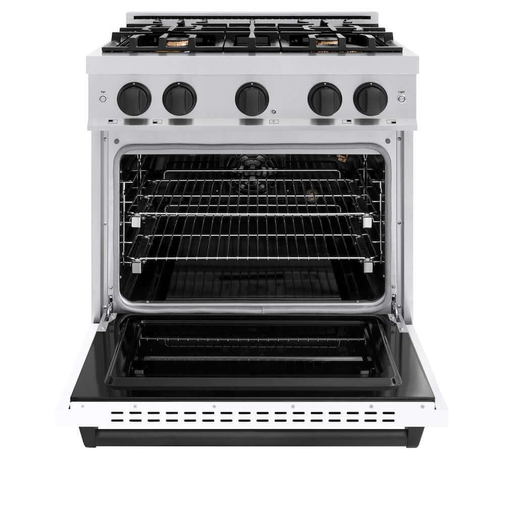 ZLINE Autograph Edition 30 Inch 4.2 cu. ft Stainless Steel Gas Range - 4 Burner Cooktop & Convection Oven with White Matte Door & Black Accents (CGRZ WM 30 MB) | Professional Kitchen Appliance for Home Chefs & Cooking Enthusiasts