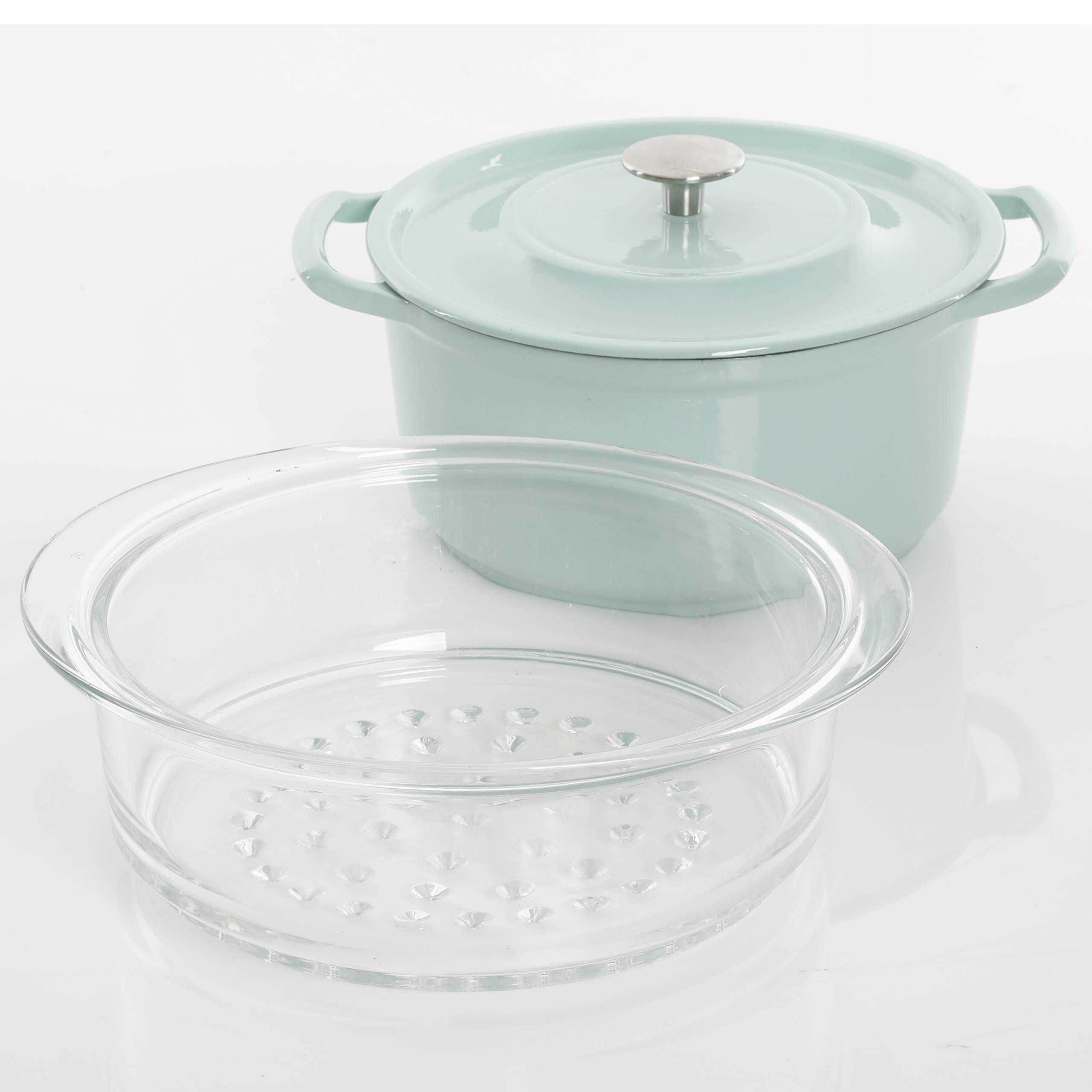 Kenmore 5-Quart Cast Iron Dutch Oven with Lid & Steamer - Glacier Blue | Heavy Duty Enameled Cookware for Baking, Braising & Steaming | Perfect for Soups, Stews & Family Meals