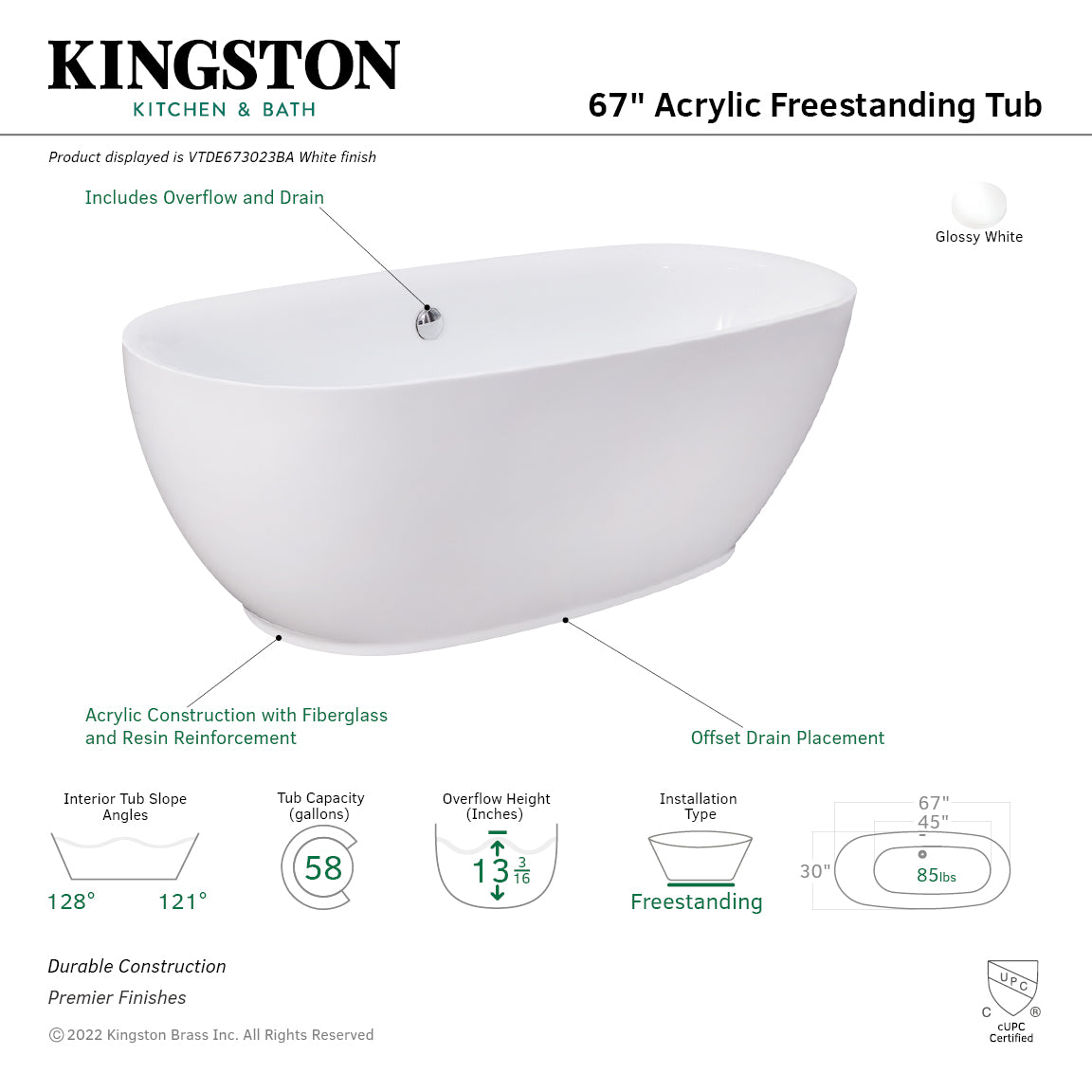 Aqua Eden 67-Inch Freestanding Acrylic Oval Bathtub - Glossy White Double-Ended Soaking Tub with Drain | Luxury Bathroom Upgrade for Spa-Like Relaxation at Home