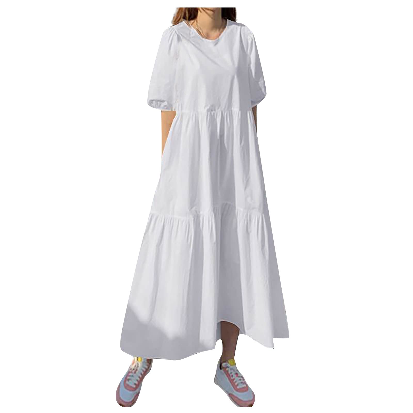 OCLUN Women's Summer Cotton Retro Short Sleeve Maxi Dress - Solid Color Round Neck Casual Sundress for Beach, Vacation & Everyday Wear