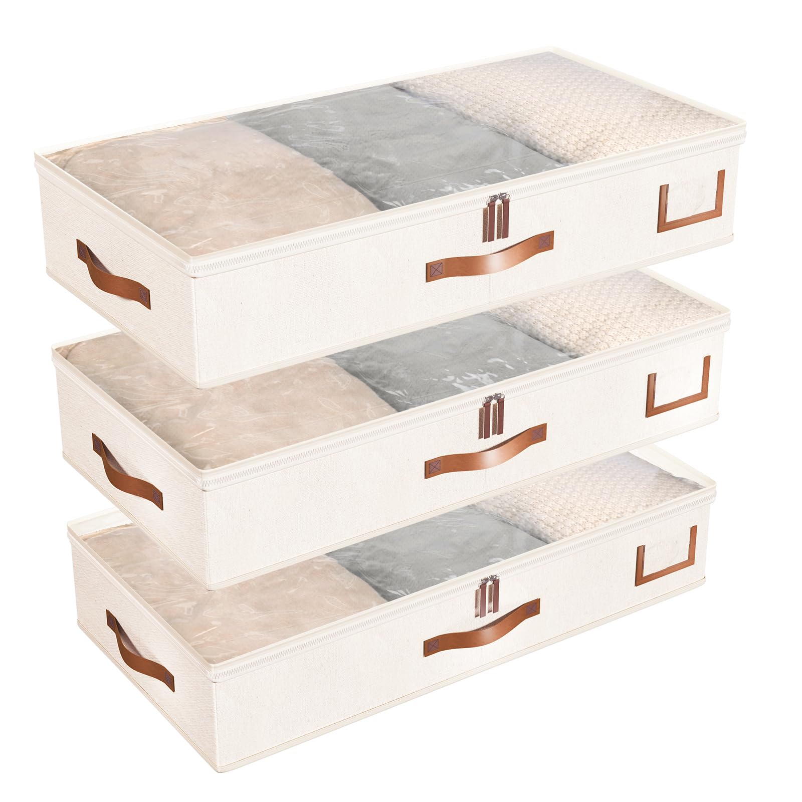 Fixwal Under-Bed Storage Box 3 Pack - 52L Blanket & Clothes Organizer with Sturdy Structure & Ultra Thick Fabric - Space Saving Bedroom Storage Solution (Ivory White) - Perfect for Seasonal Clothing, Bedding, and Home Organization