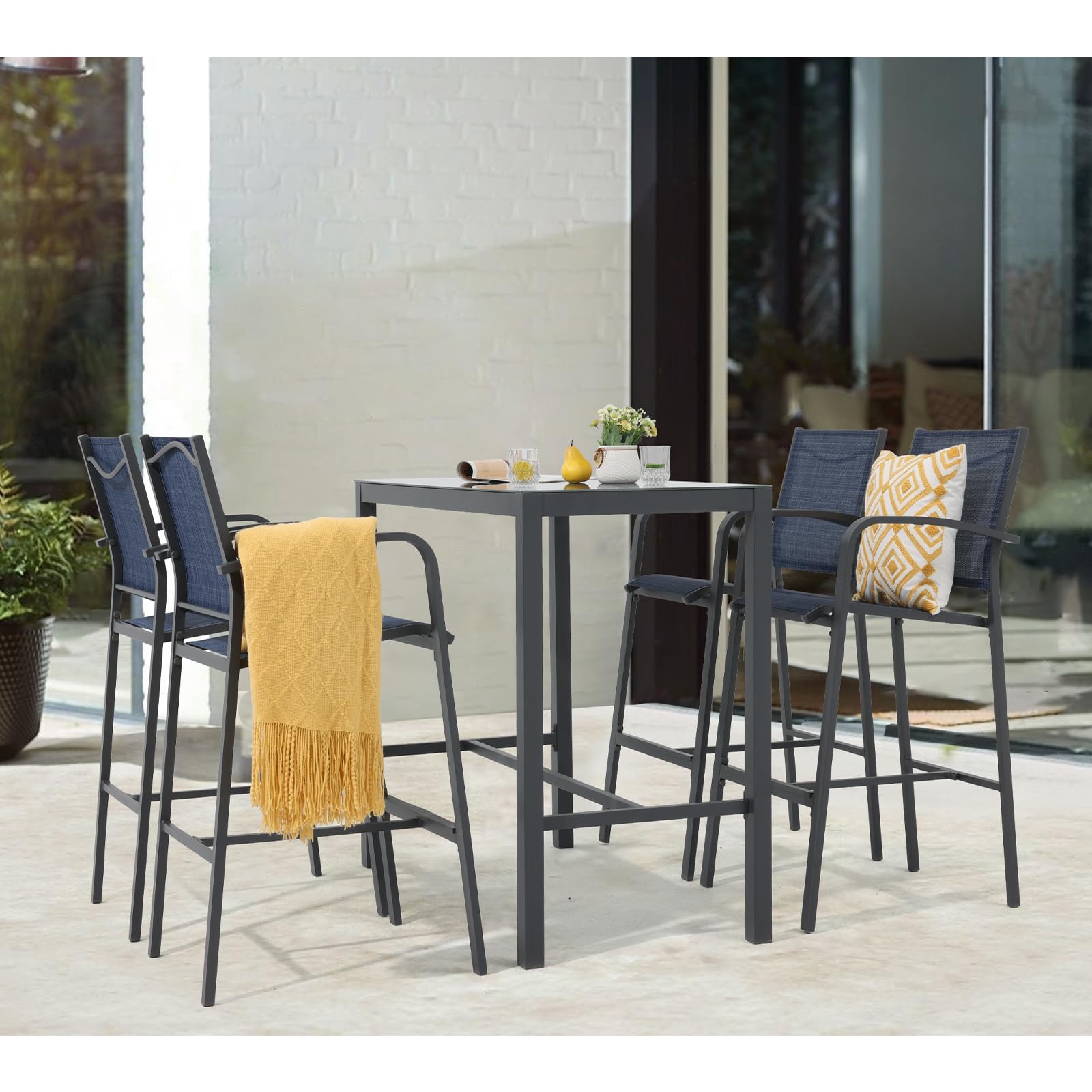 OC Orange-Casual 5-Piece Outdoor Bar Set - All-Weather Aluminum & Textile Fabric High Top Dining Table with 4 Metal Bar Stools & Glass Top Table - Navy Blue Patio Furniture for Porch, Garden, Backyard, Poolside & Outdoor Entertaining