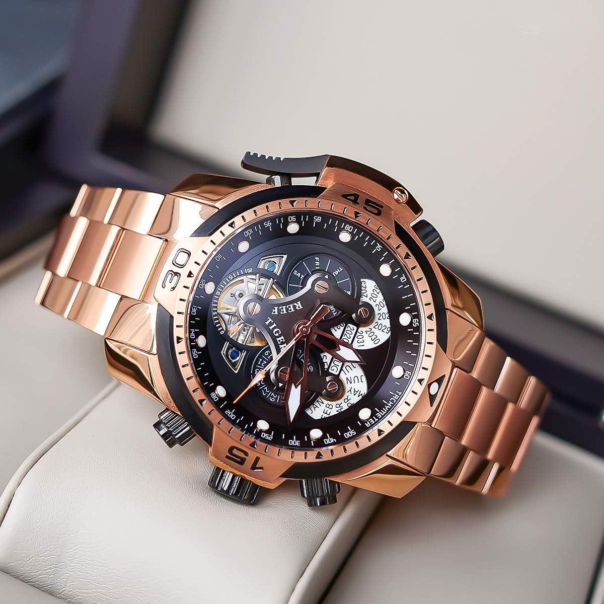 REEF TIGER Luxury Men's Mechanical Watch - Rose Gold Date Day Complicated Bracelet Watch RGA3503 | Perfect for Business, Formal Events & Gift Giving