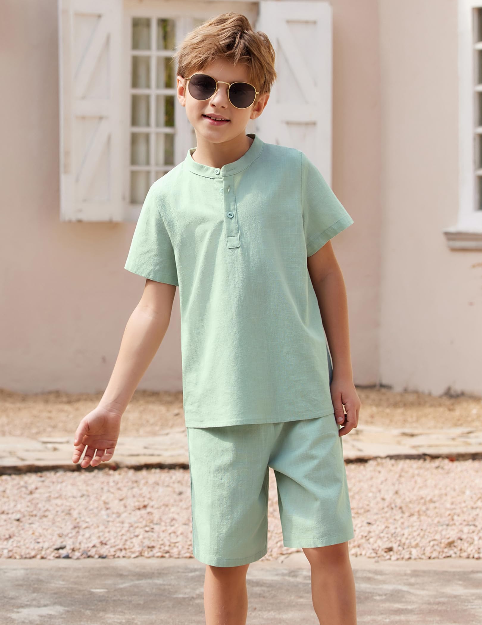 Arshiner Boys' 2-Piece Cotton Linen Outfit - Casual Henley Shirt & Short Sleeve Beach Shorts Set for Summer (Ages 5-12) - Perfect for Beach Vacations, Playdates & Outdoor Adventures
