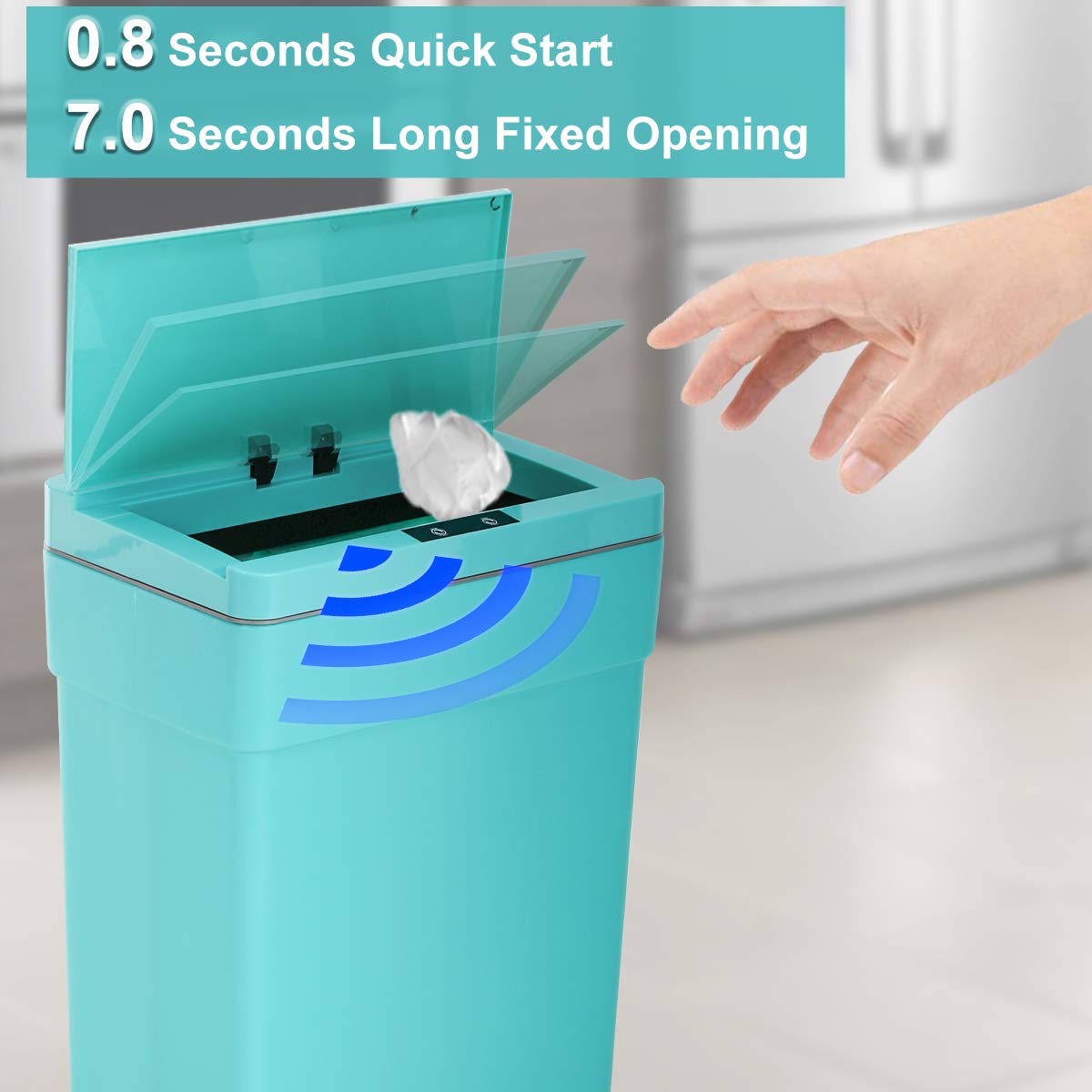 Automatic Motion Sensor Trash Can - 13 Gallon/50L Touch-Free Kitchen Garbage Bin with Lid, High-Capacity Plastic Wastebasket for Bathroom, Bedroom, Home Office - Blue (Ideal for Hands-Free Disposal in Kitchens & High-Traffic Areas)