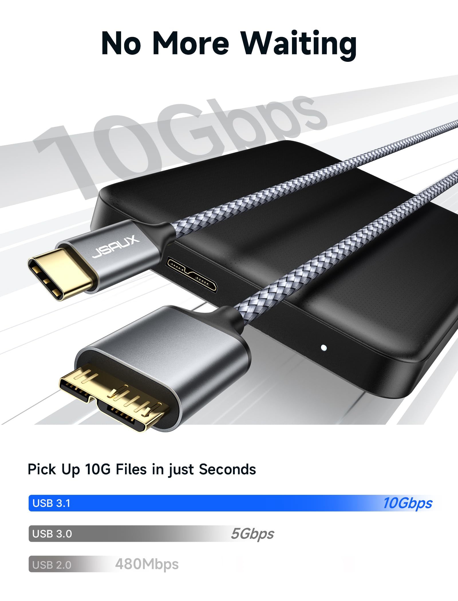 JSAUX 10Gbps USB C to Micro B Cable 1.5FT + 1.5FT - High Speed External Hard Drive Cable for Seagate WD Westgate, MacBook Pro/Air, Samsung Galaxy S24, iPhone 15 - Perfect for Data Transfer & Backup Solutions