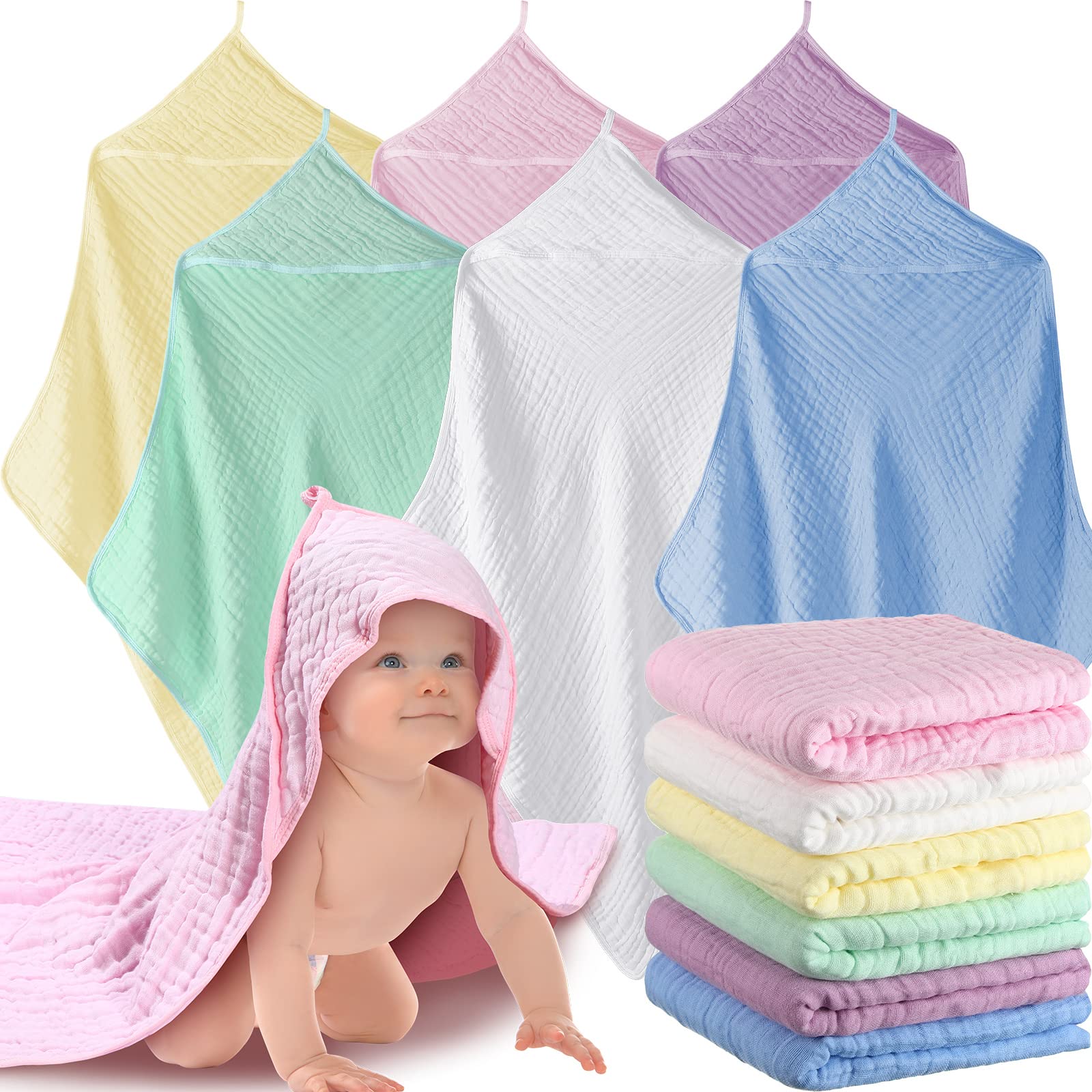 6 Sets Baby Hooded Bath Towels - Soft 100% Cotton Muslin Washcloths for Newborns & Toddlers (32