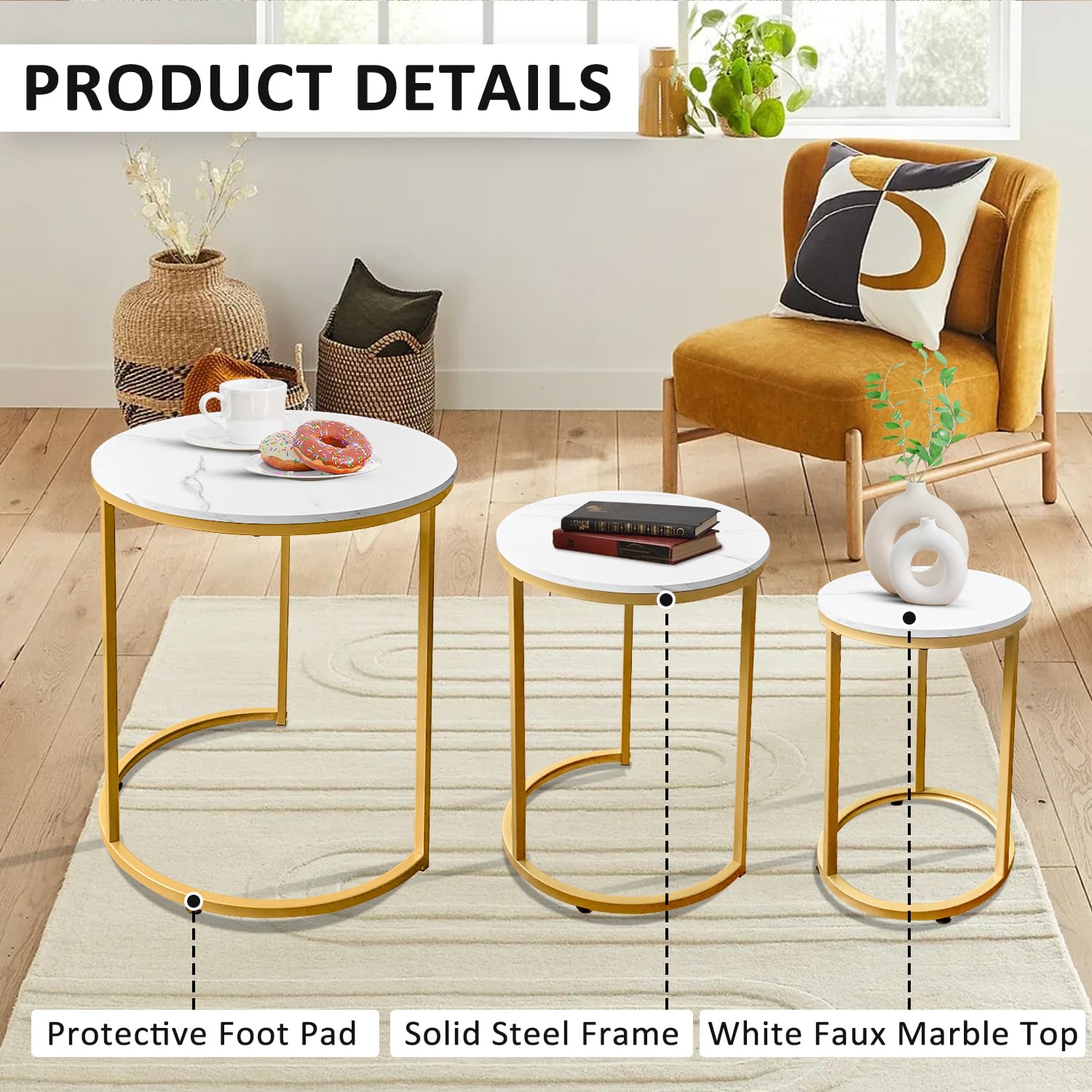 AT-VALY 3-Piece Round Nesting Coffee Table Set - Small Accent Side Tables for Living Room, Bedroom & Apartment (Gold) | Space-Saving Modern Home Decor for Small Spaces & Studio Apartments